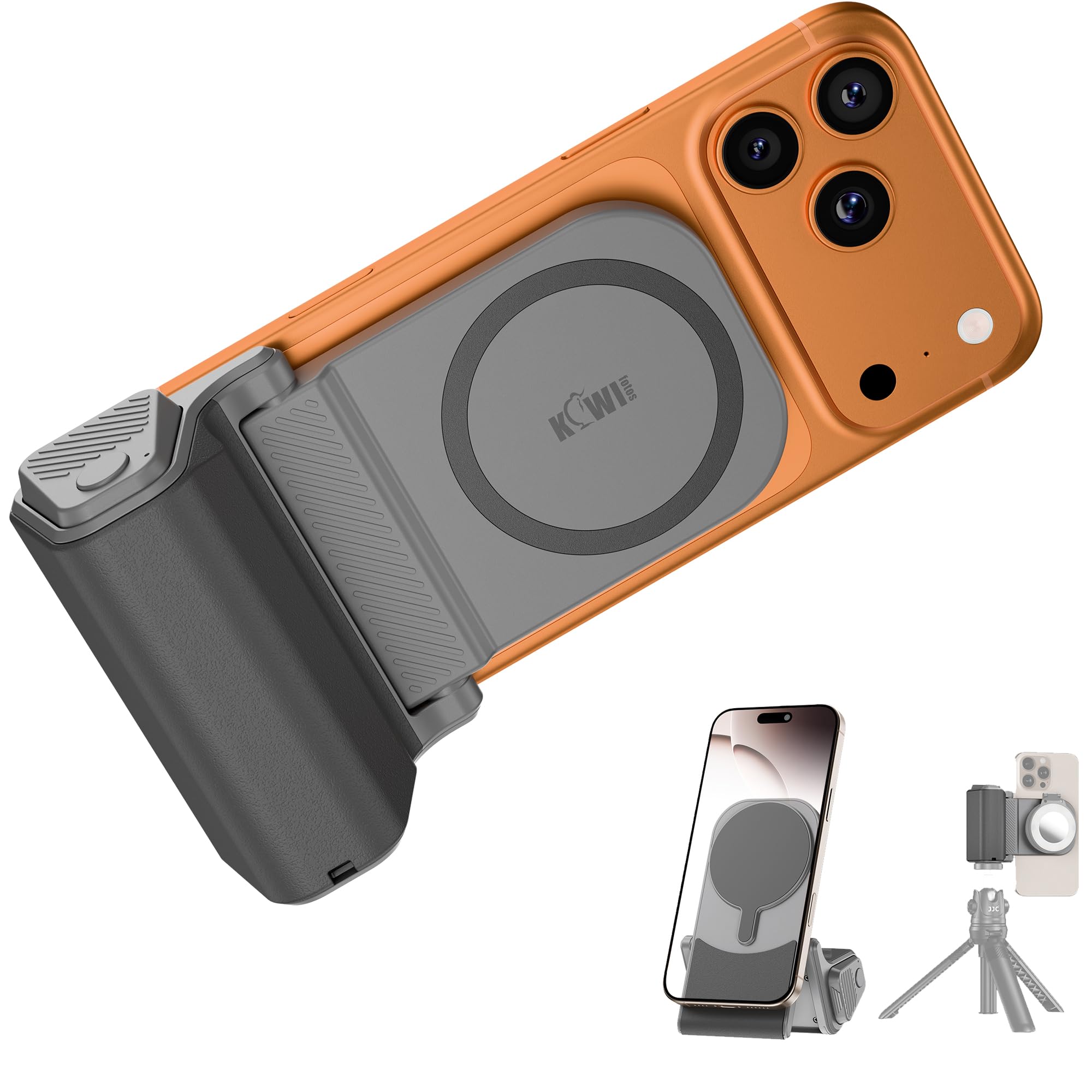 JJC Magnetic Poignée magnétique pour téléphone Portable avec télécommande Bluetooth et Support Vertical pour iPhone 17 16/15/14/13/12 et Android Gris