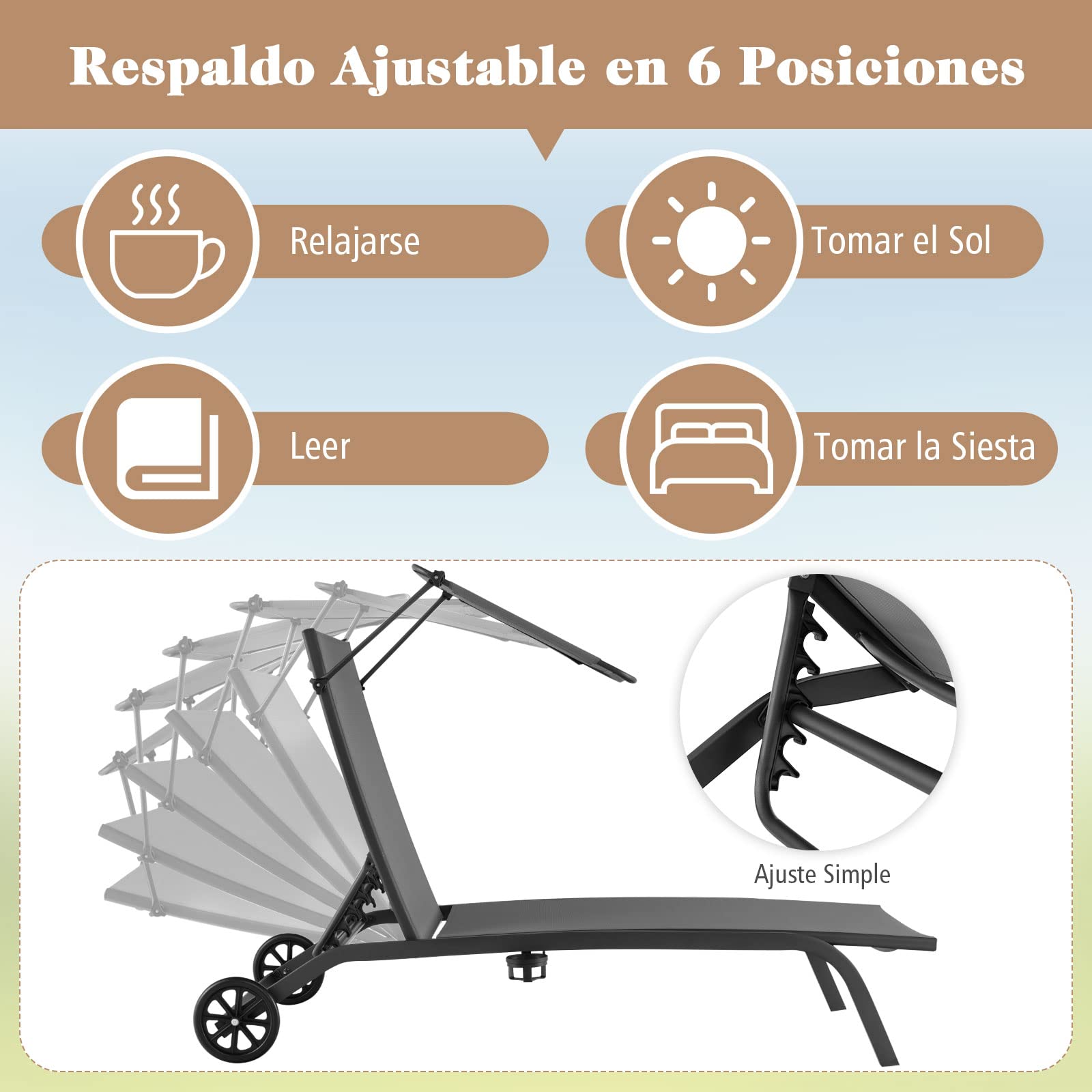 COSTWAY Tumbona Jardin Reclinable 6 Niveles, 2 Ruedas, Tumbona Playa Parasol Ajustable y Portavasos, 191 x 61 x 96cm, Carga 150kg, ExteriorTerraza Balcón Piscina (Gris,2)