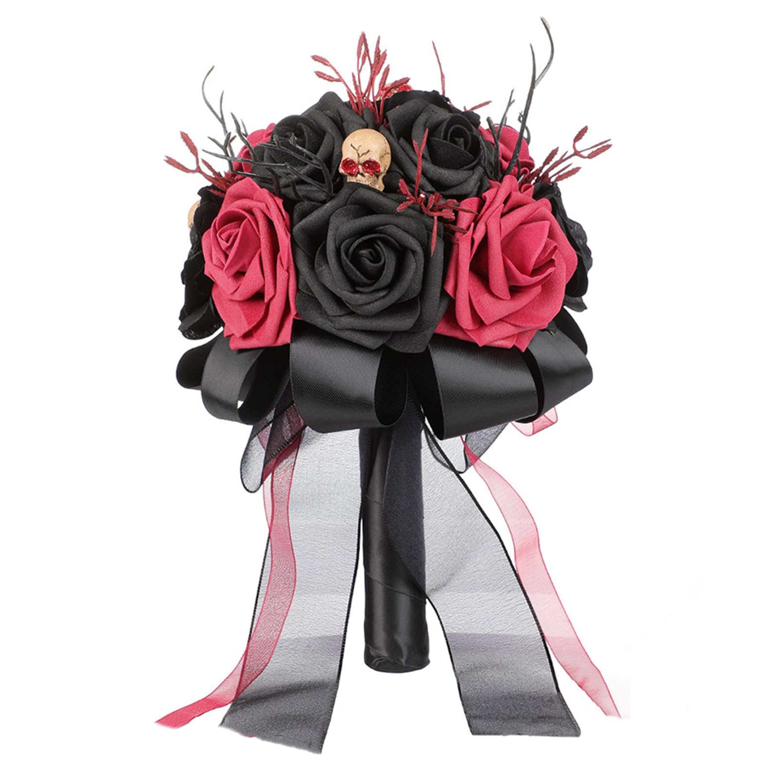 Kfwfuaee 6241 Artificial Wedding Rose Bouquet With Gothic Dark Theme Styling, Ribbon Tails And Handheld Display Accent For Decor Ceremony Bouquet Faux Floral Hand Dark Wedding Decor Dramatic Photo Display Event