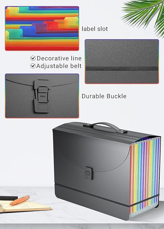 Expanding File Organiser Box File Folder with Handle,13 Pockets Filing Folders Concertina Files for Paperwork A4,Bill Receipt Paper Document Organiser for Home School Office,2X Tabs,Matte Coloured