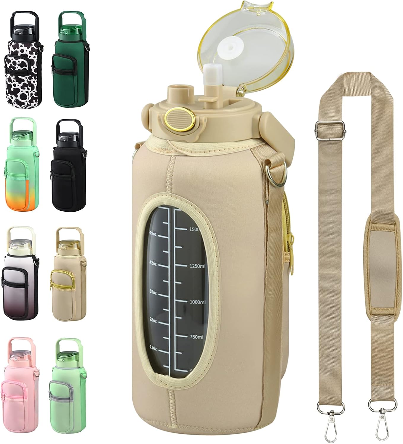 chunmo Half Gallon 64oz Glass Water Bottle with Straw and Storage Sleeve Motivational Water Bottle with Strap and Time to Drink 2L Leakproof Reusable Water Jug for Fitness Gym and Outdoors