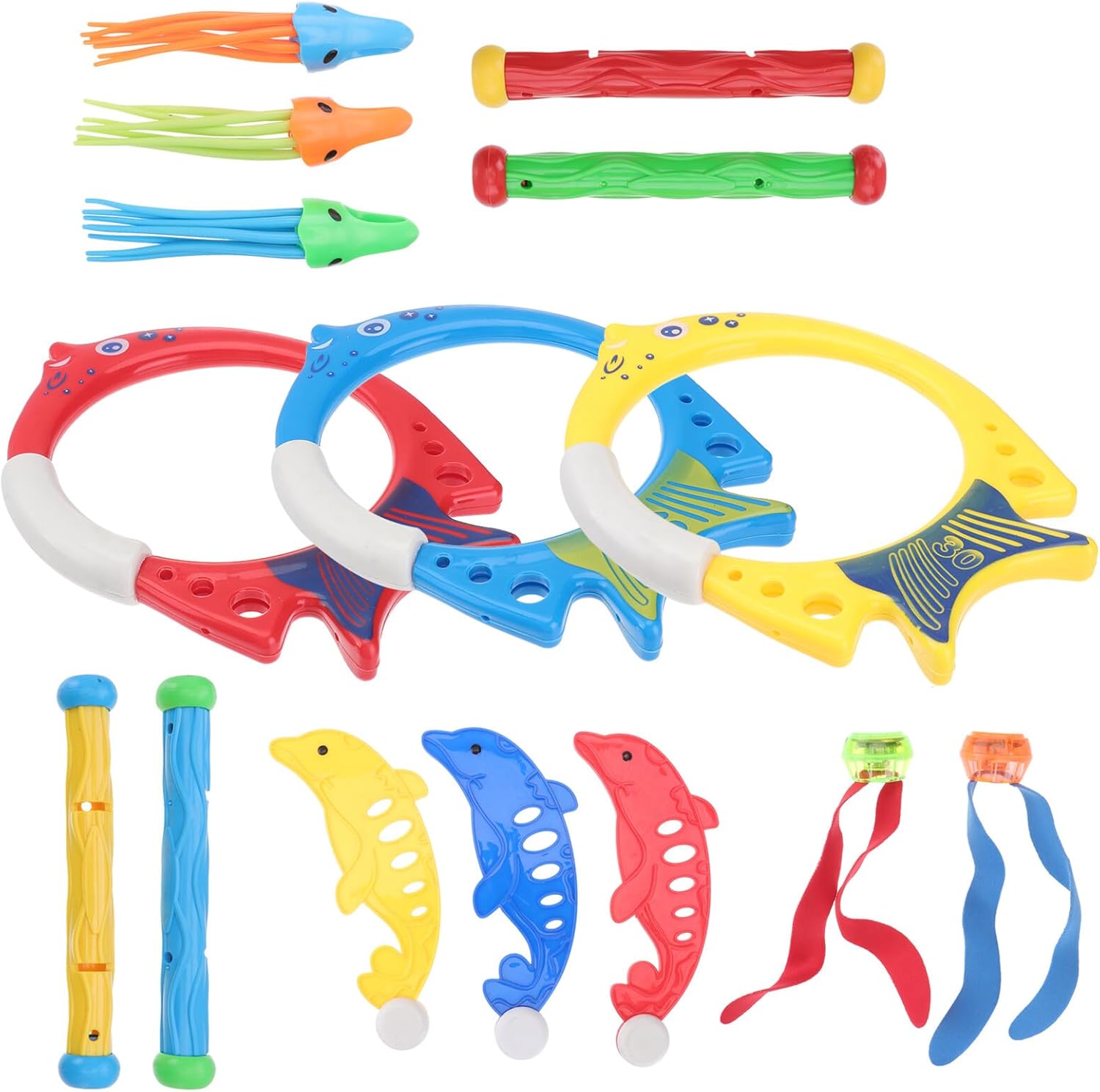 Uonlytech 17pcs Diving for Swimming Pool Underwater Sinking Rings Sticks Seaweed Jellyfish Dolphins Colorful Plastic for Summer Fun Training Random Color