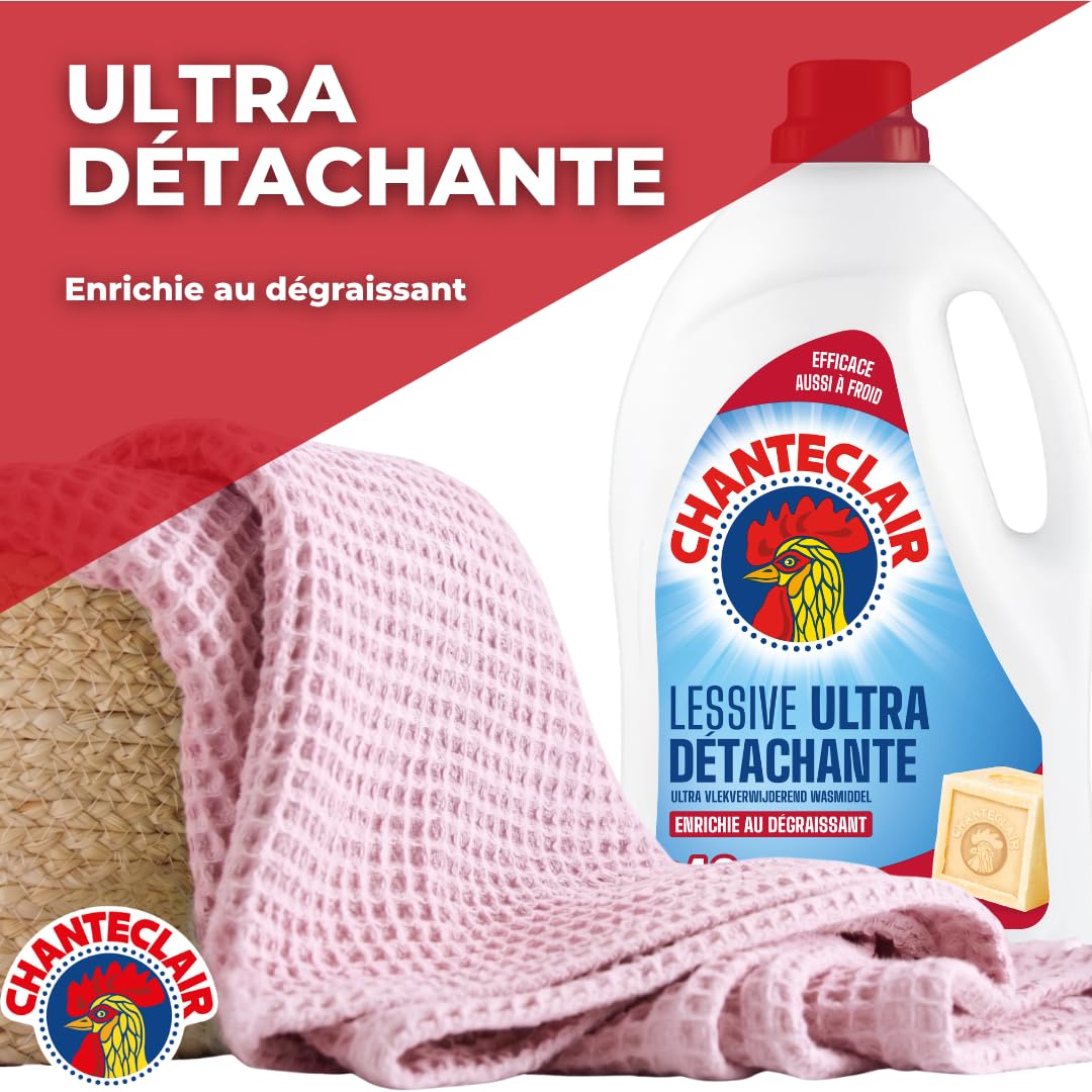 Chanteclair - Lessive Liquide Concentrées Marseille, Enrichie au Dégraissant, Ultra Détachantes et Efficaces aussi à Froid, 40 lavages - 8x 1800 ml