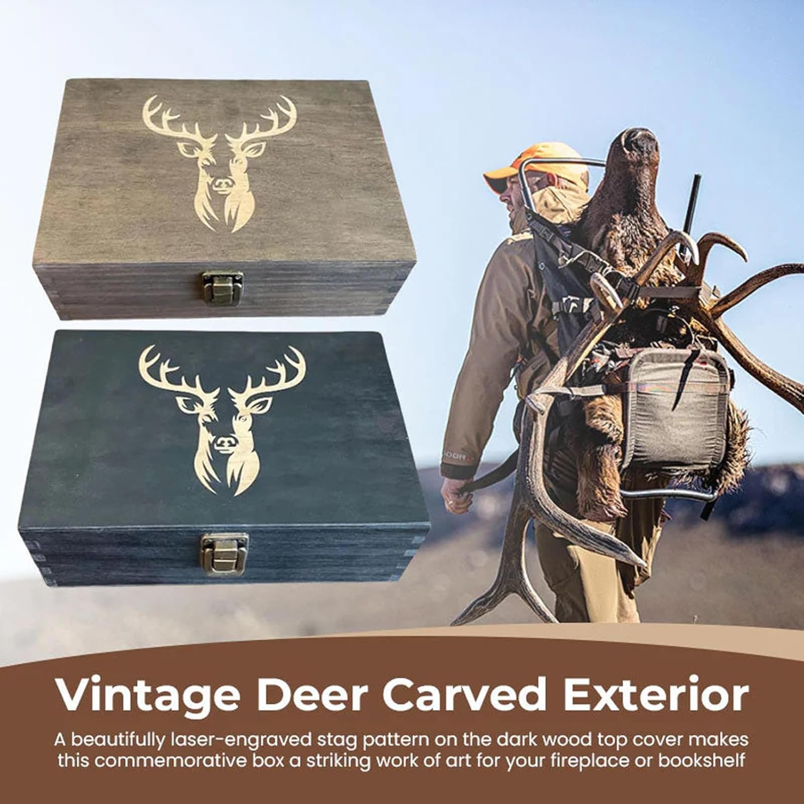 The Hunter's Legacy Memory Box, Hunting Keepsake Wooden Box with Shell Slots, Notes Chart and Hidden Layer for Casings, Tags & Photos, Hunting Memorabilia Storage Boxes, for Dad Husband (GRAY) — view 4