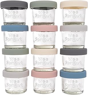 Glass Baby Food Storage Jars w/Lids (4 oz, 12 Pack Set) Snack, Puree, Reusable Small Containers, Breast Milk, Fridge or Freezer, Microwave & Dishwasher Safe, Essential Must Have for Infants