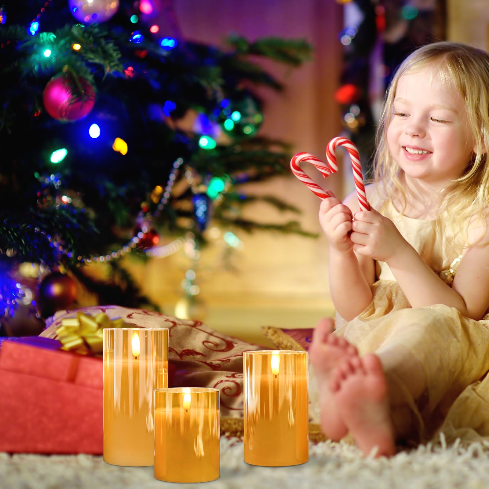 Candele senza fiamma ricaricabili in vetro con timer remoto, realistiche candele 3D a LED con fiamma tremolante, decorazione per la casa per matrimoni, compleanni, festival (oro)