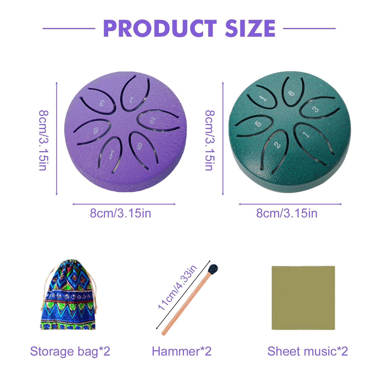 Set di 2 tamburi a pioggia, 3 pollici, 6 toni, con custodia in tessuto, libro musicale e bacchetta, strumento a percussione per lezioni di musica o regalo (verde e viola)