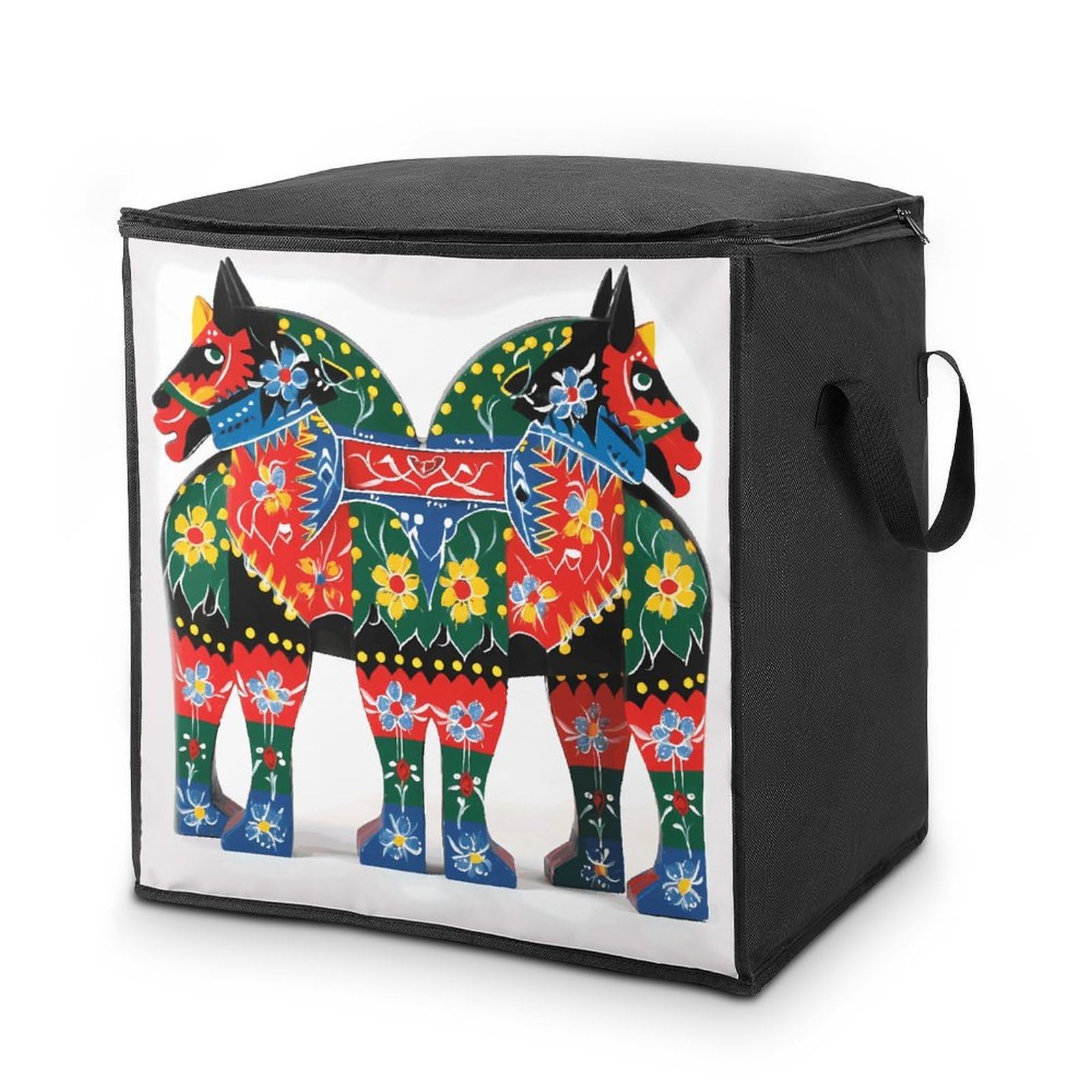 Runner Swedish Dala Horse Folk Storage Bag with Zippers And Handle Extra Large Bedding Comforter Storage Bag Foldable Blanket Storage Bags Fabric Moving Bags for Closet Organizer (70L)