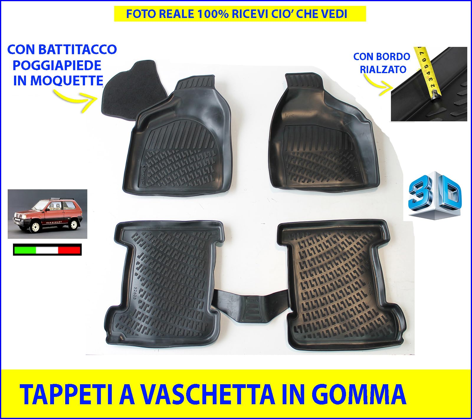 Tappetini Tappeti auto in Gomma 3D a Vaschetta + Battitacco Poggiapiede in Moquette antiscivolo Specifici per tutte le Panda modello 141-141A prodotte dal 1986 al 2003-8024897 - 28024