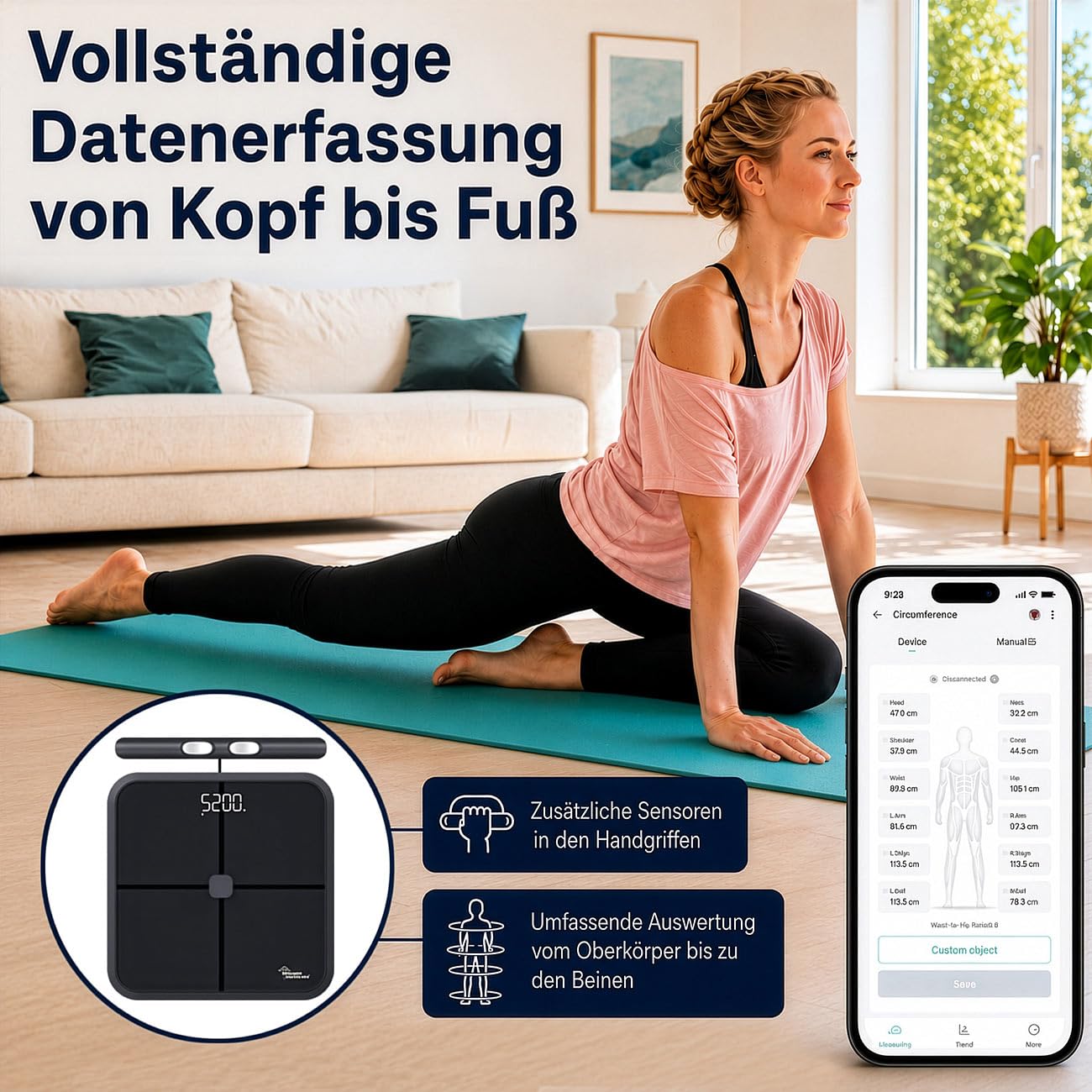 Bilancia pesapersone digitale Bluetooth con sensori manuali, 8 elettrodi, nera