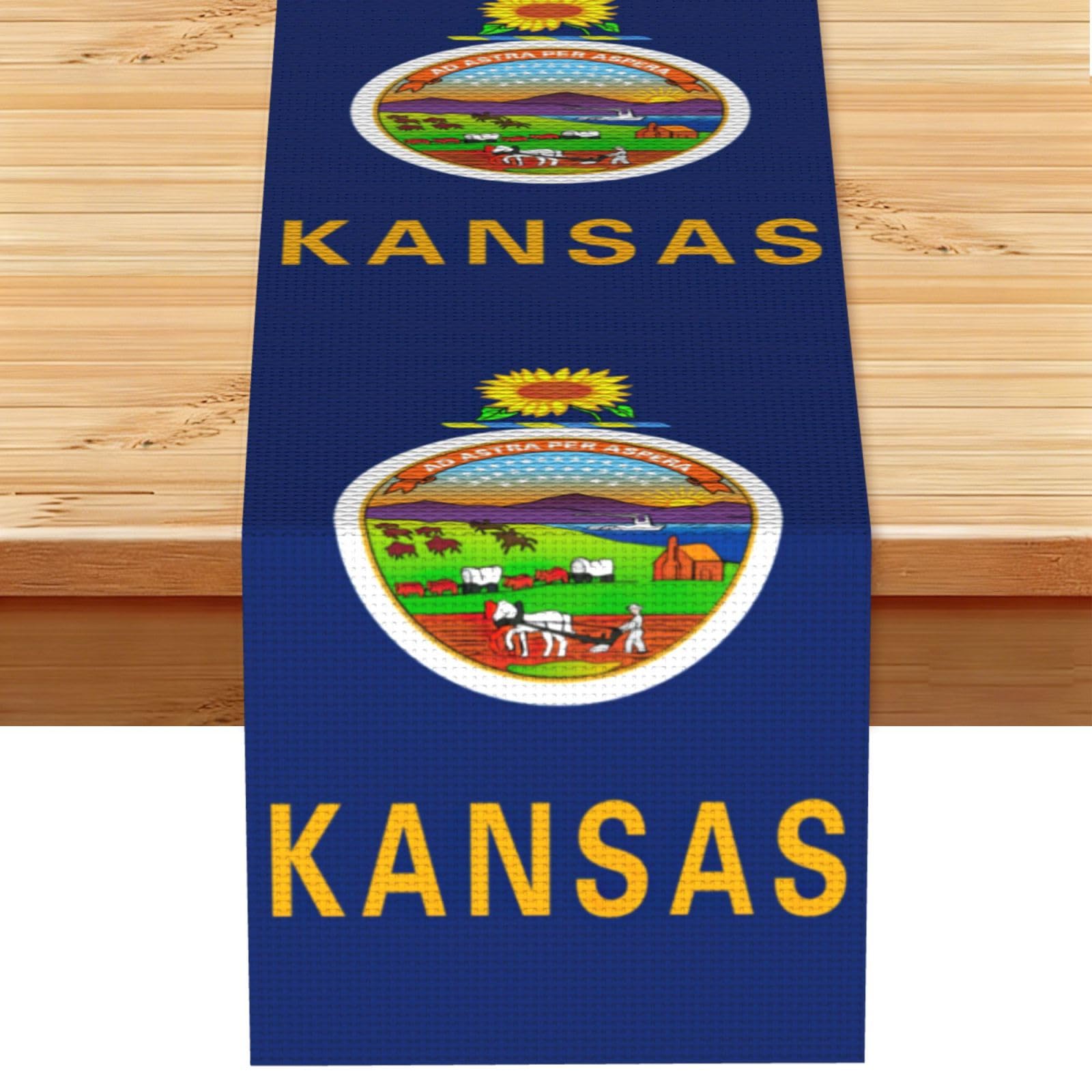 Kansas State Flag Printed Table Runner 13 x 72, Wrinkle Resistant Decor for Dining Table Coffee Table Fireplace