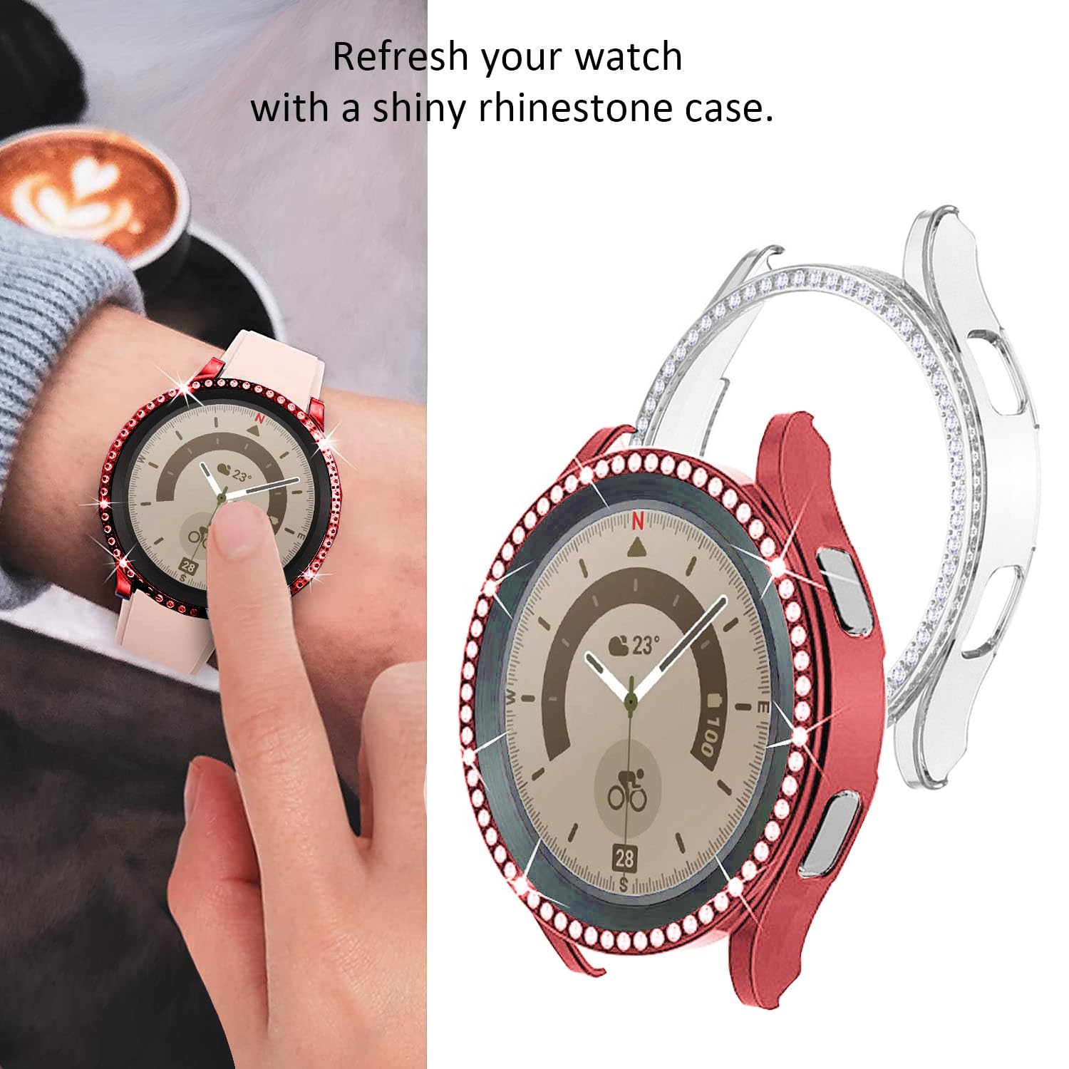 DEALELE [2-PACK] Case Compatible with Samsung Galaxy Watch 5/4 44mm, Bling Single-Row Diamond PC Protective Case Replacement Watch Cover Bumper (44mm, Gold+Transparent) — view 120