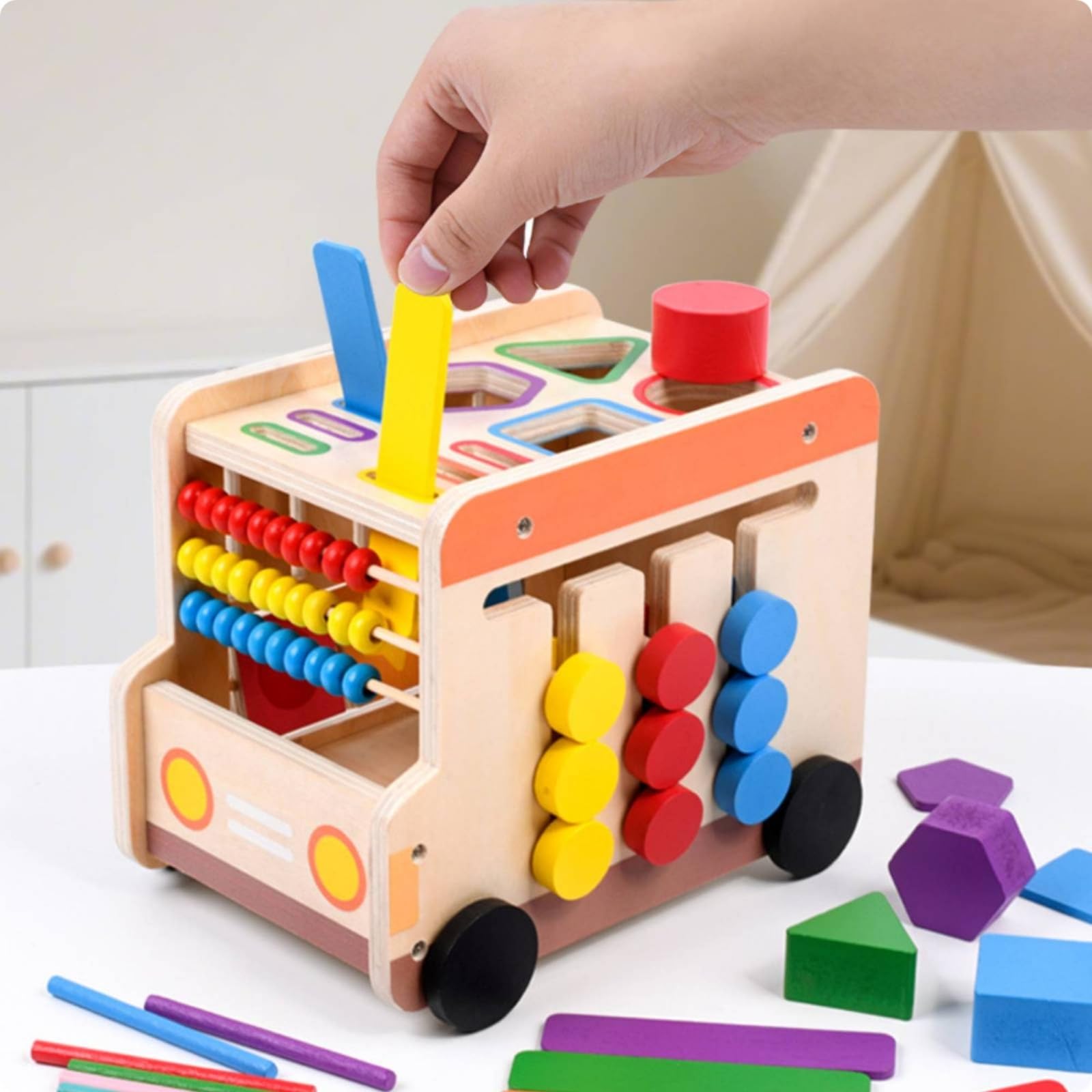 Cubo Didattico per Bambini Cubo Attività Giocattolo Educativo Carrello Spingi Selezionatore di Forme Legno Ingranaggi Scorrevoli Materiale Legno Adatto per Apprendimento Precoce Asilo Casa