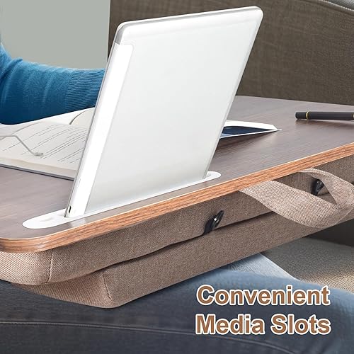 Miniatura 4 de Escritorio prémium para laptop con soporte para teléfono, acabado de grano de madera, escritorio portátil de regazo de 21 pulgadas, base acolchada