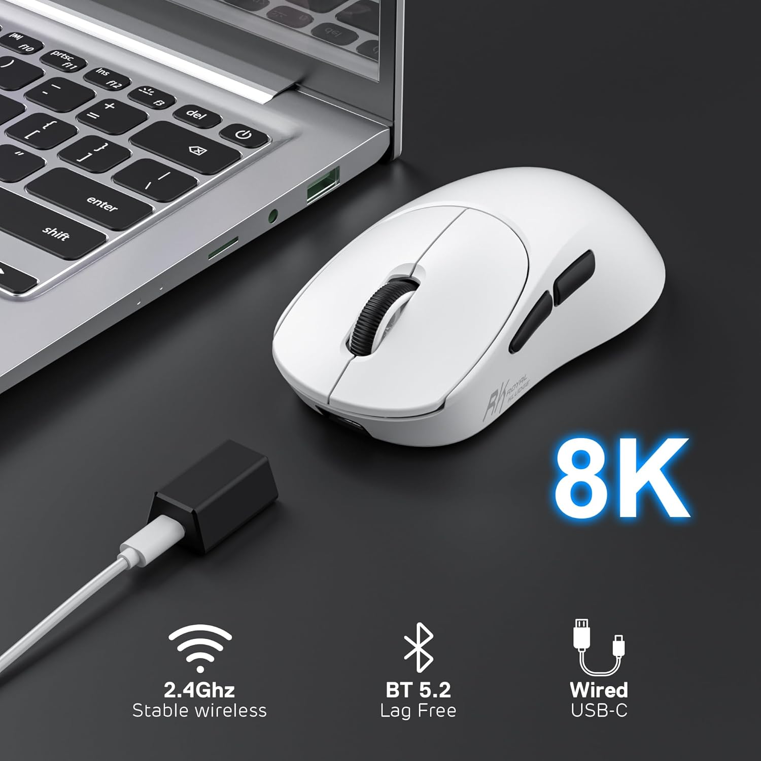 RK ROYAL KLUDGE MG5 8K Wireless Gaming Mouse, 42K DPI PAW3950 Sensor, 56g Lightweight Ergonomic Mouse, Dual 8000Hz Polling Rate, Tri-Mode 2.4G/BT/USB-C, Programmable Web Drive for PC Win/Mac