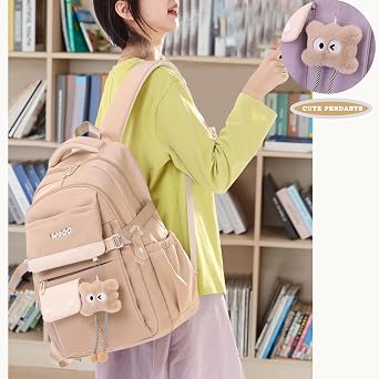 School Bags For Girls,Aesthetic Back to School Backpack Cute Preppy with Pendant Ladies Rucksack Women Lightweight Waterproof Travel Back Pack for Teenage Primary Secondary School Girls Boys