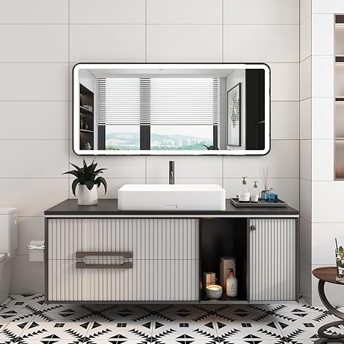 Miniatura 2 de WELLFOR Espejo LED enmarcado para montaje en pared, 60 pulgadas de ancho x 28 pulgadas de largo, espejo rectangular de esquina redondeada de metal