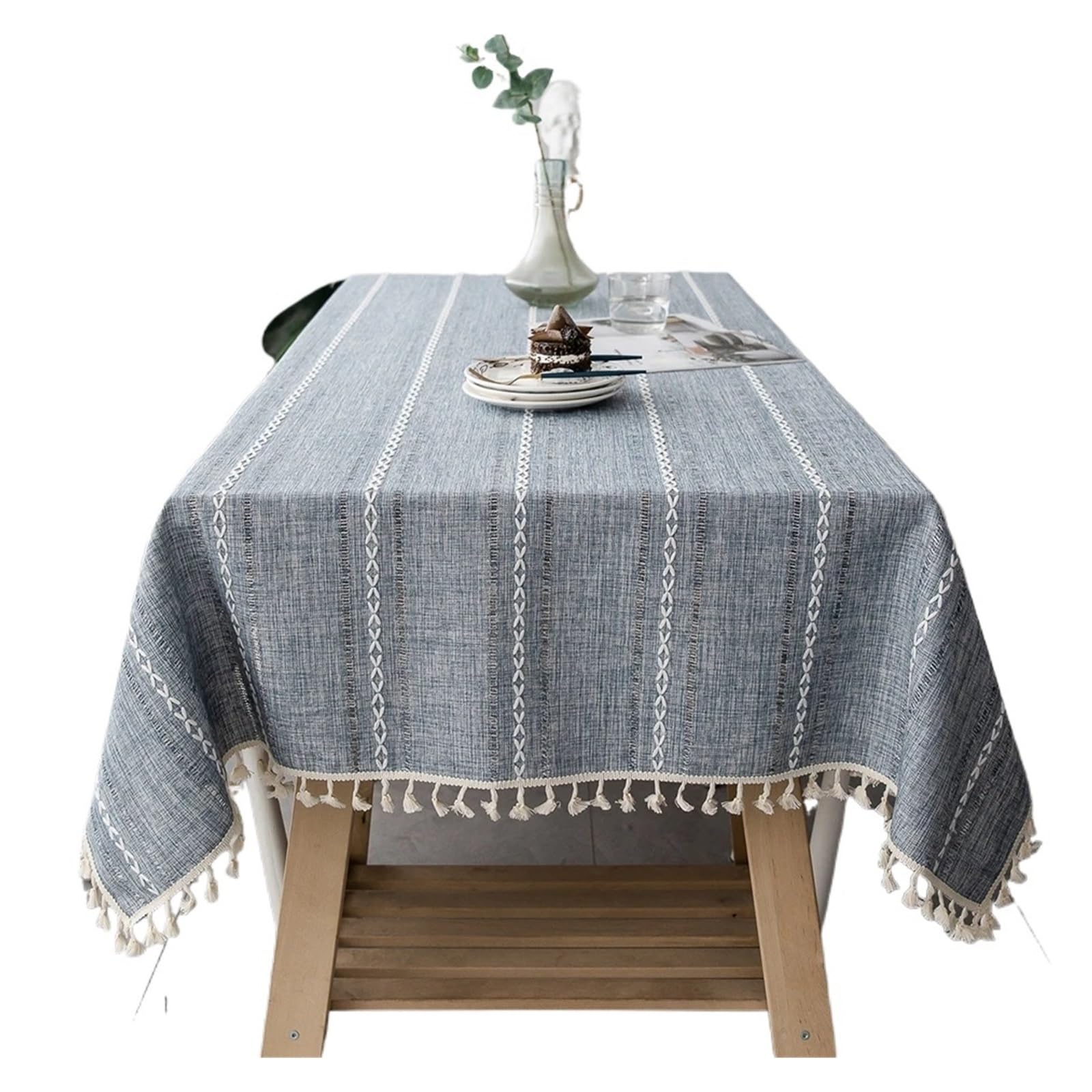 Zymjzbetic Striped Tablecloth Rectangle Dust-Proof Table Cover,Hollow-Carved Jacquard Weave Tablecloth,for Home Kitchen Dinner Party Tabletop Decoration Kitchen Decorations(Grey blue,140X220cm)