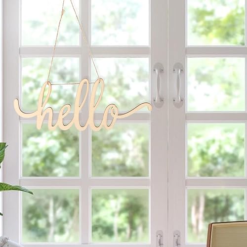 Miniatura 7 de STOBOK 2 letreros de madera con texto en inglés "Hello Letter", letrero de saludo de madera sin terminar, adornos colgantes de madera rústica,