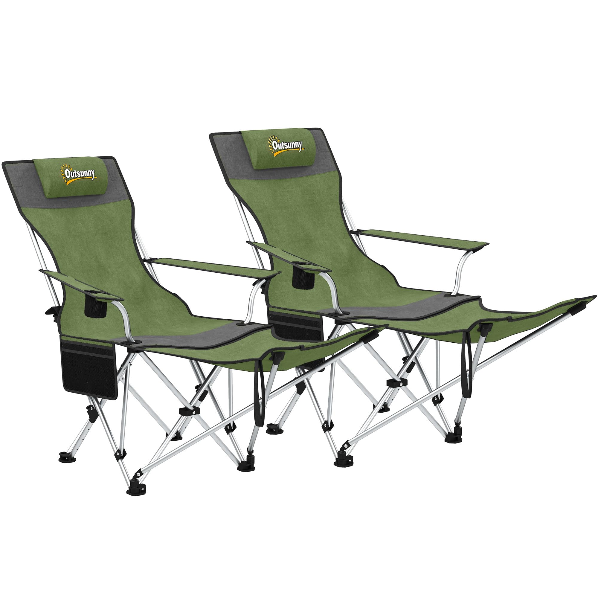 Outsunny Set 2 Sedie da Campeggio Pieghevoli con Poggiapiedi Staccabile, Portabicchieri e Tasca Laterale, Sedie da Giardino in Tessuto Oxford e Metallo, Portata Fino a 120 kg, 125x48x90 cm, Verde