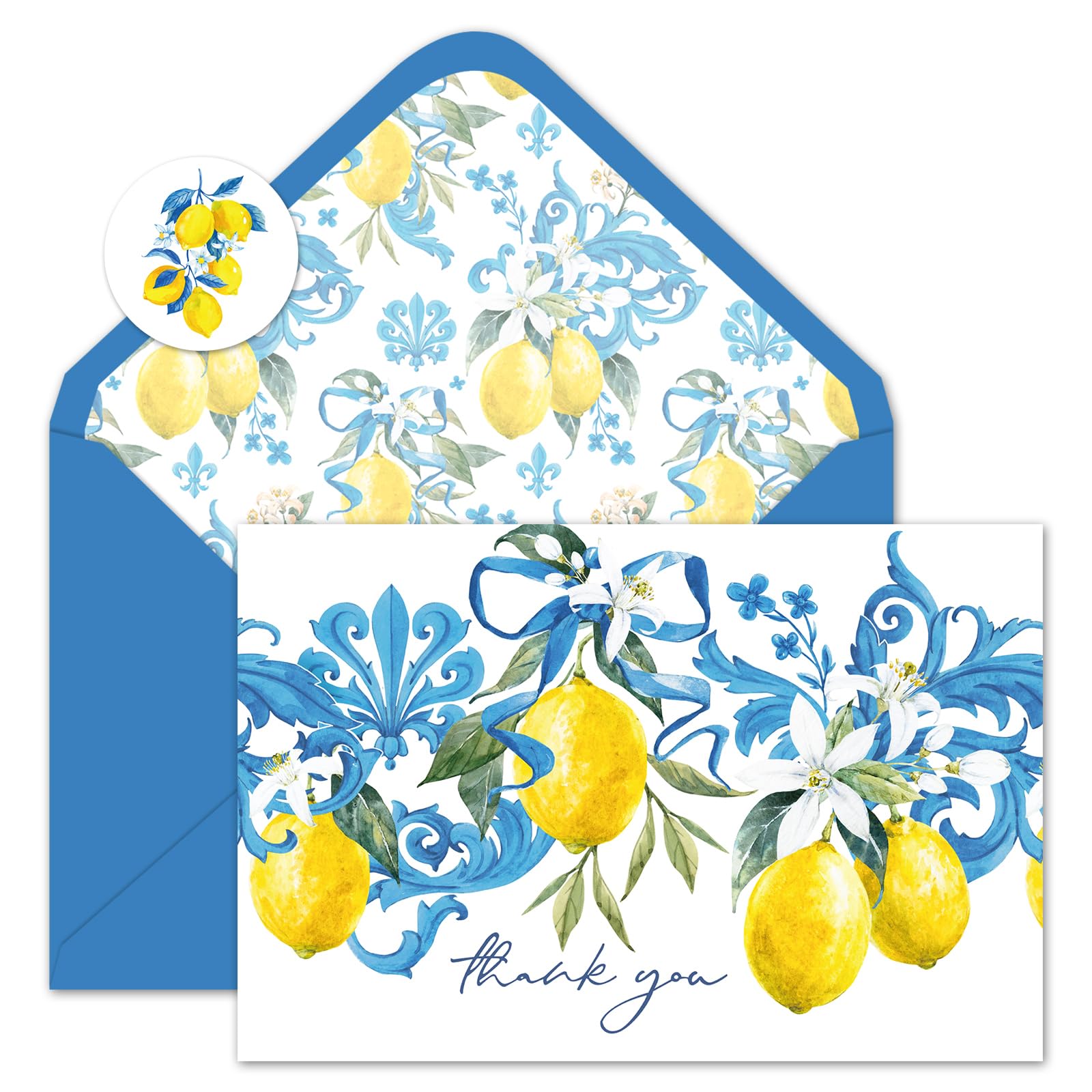 Whaline Lemon Thank You Cards Bulk 24 Pack Blue Tiles Lemon Note Cards with Stickers Envelopes Spring Summer Greeting Card for Baby Shower Wedding
