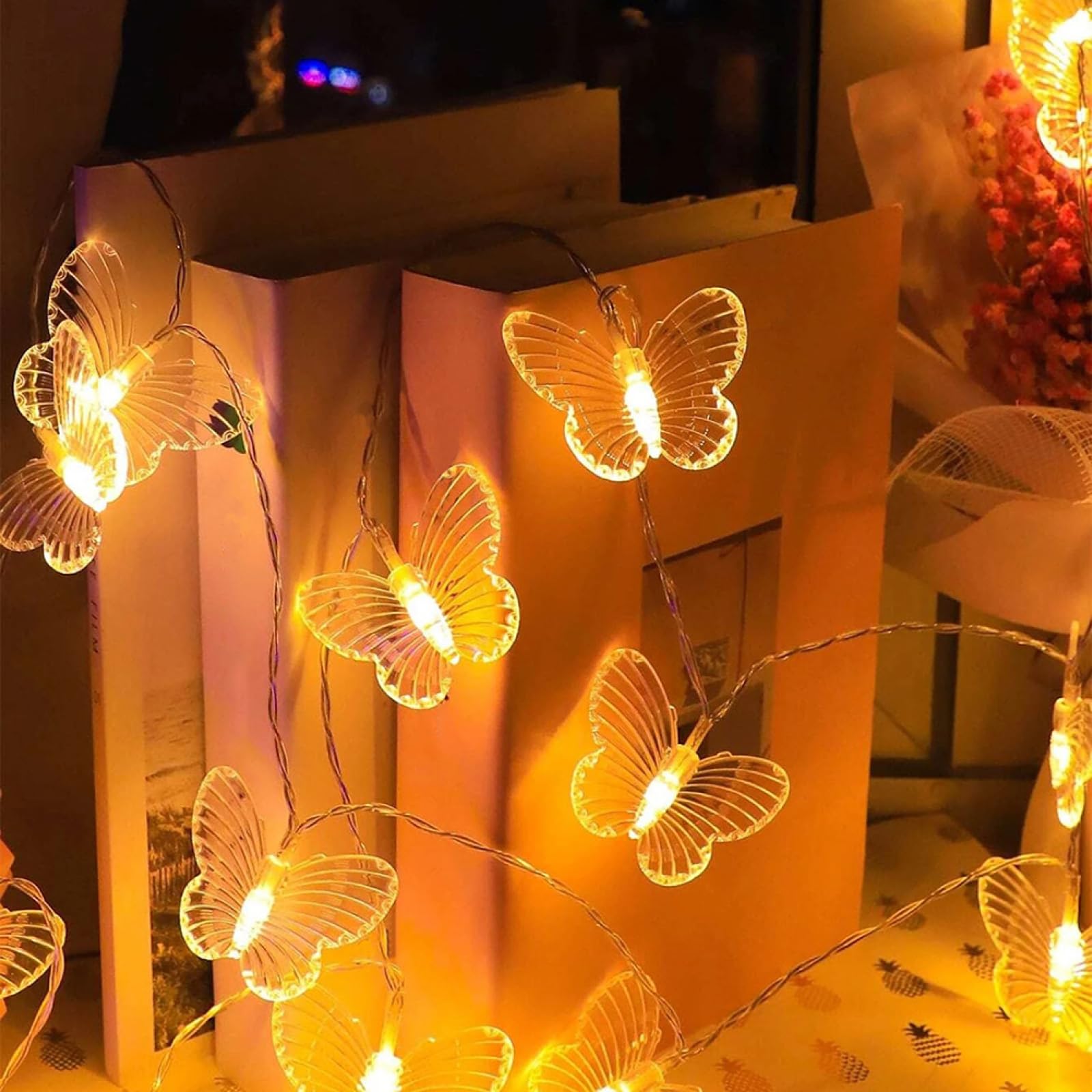Catena Luminosa A LED A Farfalla|Lampada In Filo Di Rame A Luce Bianca Calda|Lampada Decor Creativa Per Il Patio Delle Vacanze Feste,Bianco Caldo,Batteria Da 80 LED Da 10 M (32,8 Piedi)