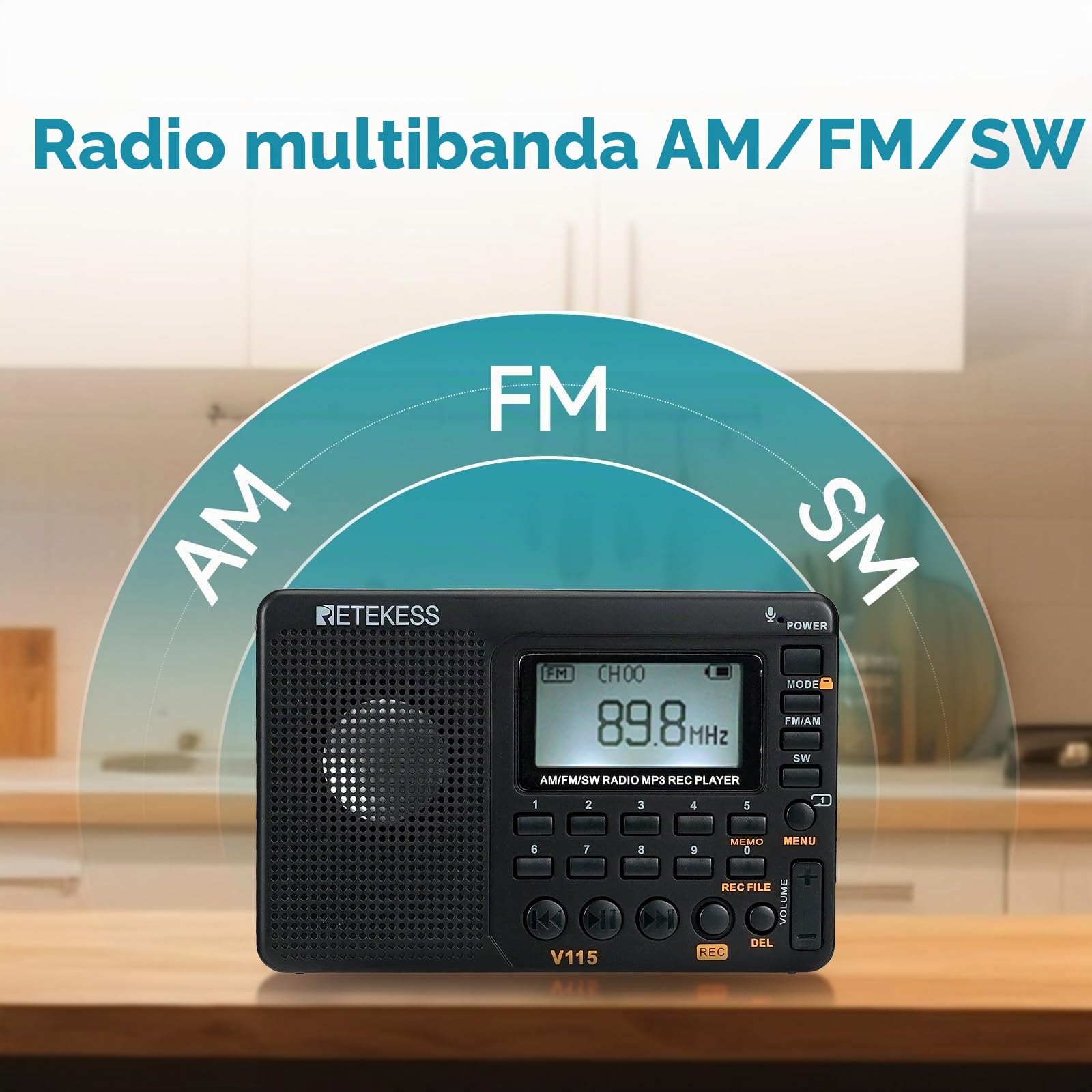 Retekess V115 Radio FM Portatile AM SW con Supporto USB AUX TF Batteria Ricaricabile Nero