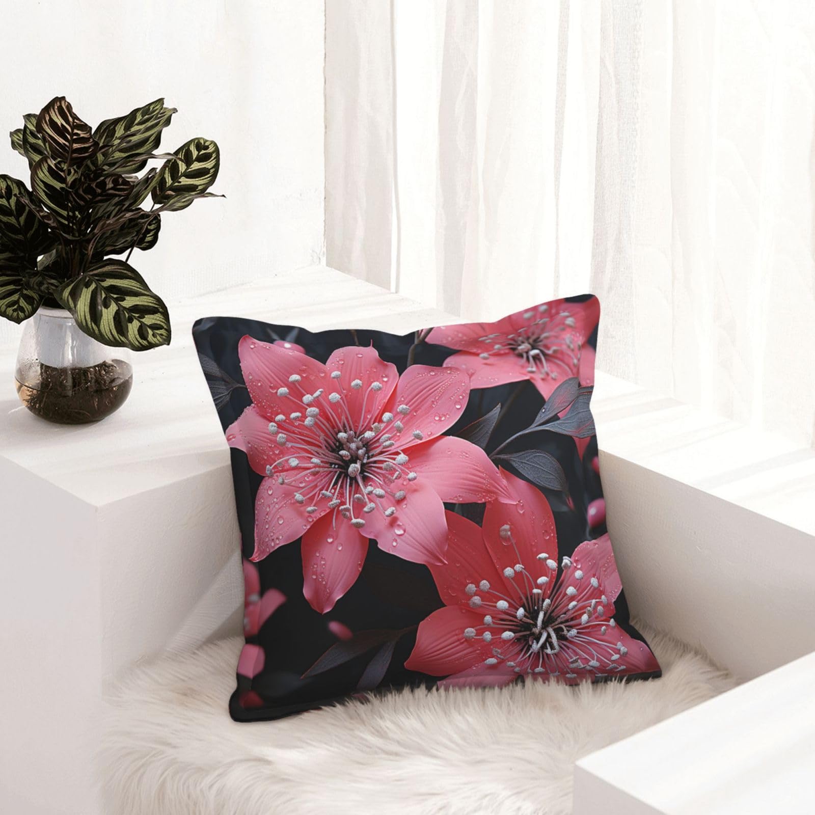 Housse de coussin similicuir anti-tache motif floral rose noir lot de 2 déco canapé salon
