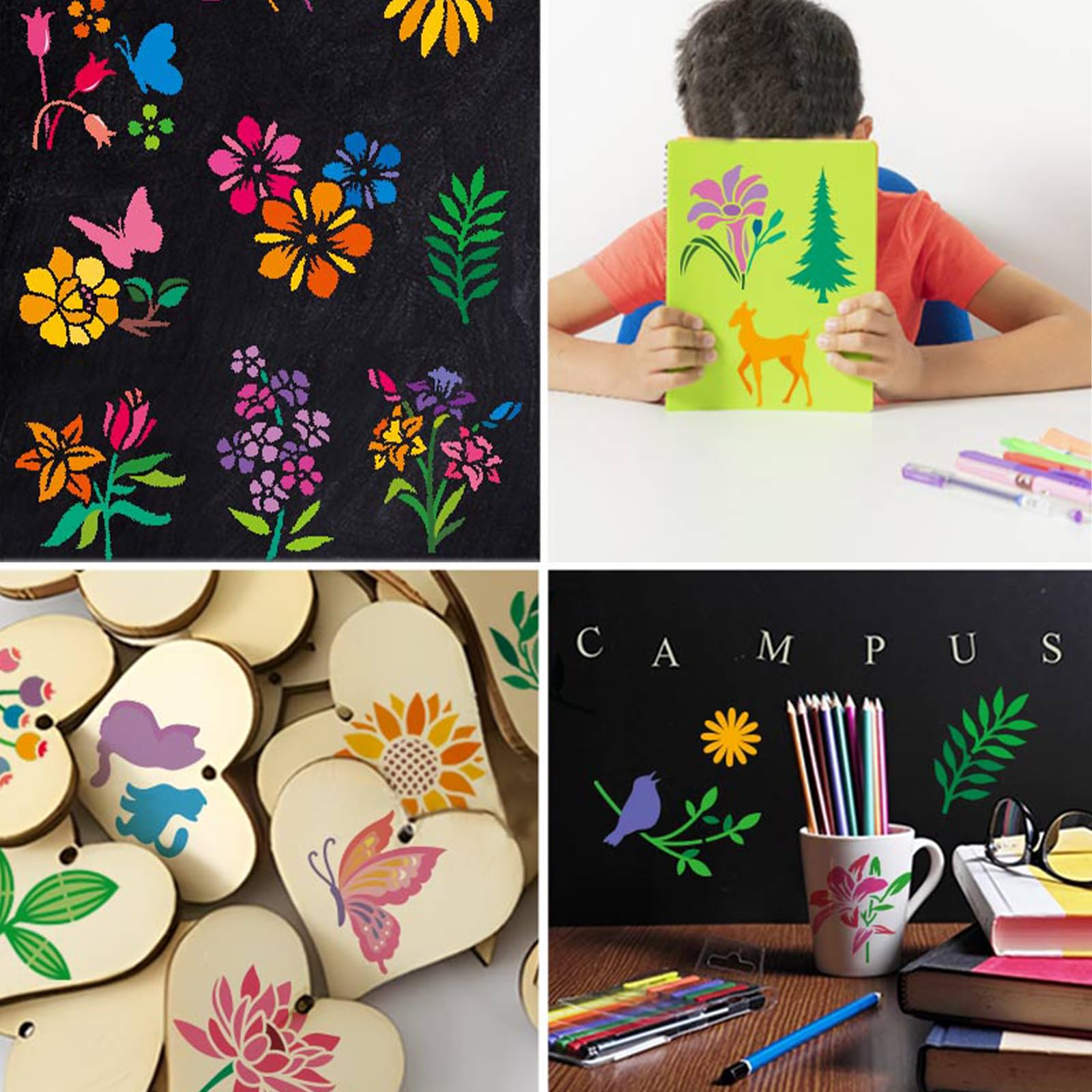 Lot de 64 pochoirs réutilisables 7,6 x 7,6 cm pour peinture plastique bricolage motifs fleurs feuilles