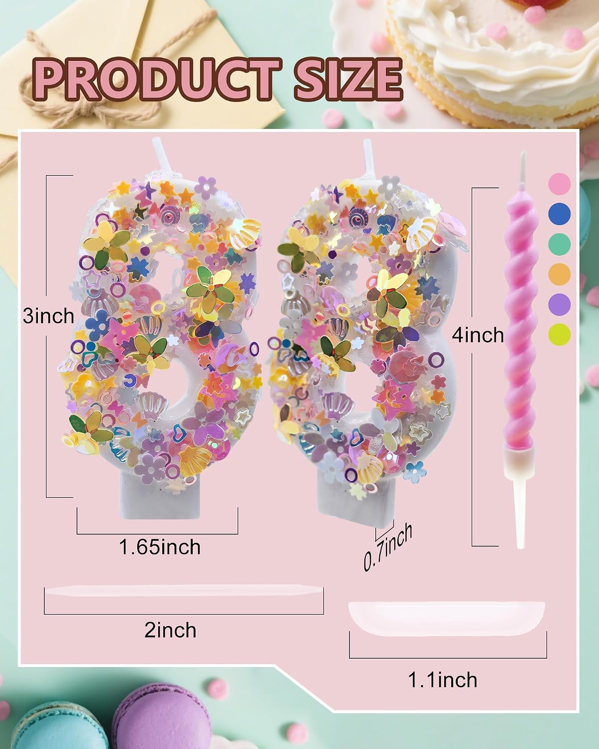 Birthday Candle for Cakes, Glitter Number & 12-Count Rainbow Spiral Birthday Candles with Holders- Cake Candles, Birthday Party Decorations Supplies for Girls (Glitter 8 & 12-Count) image 3