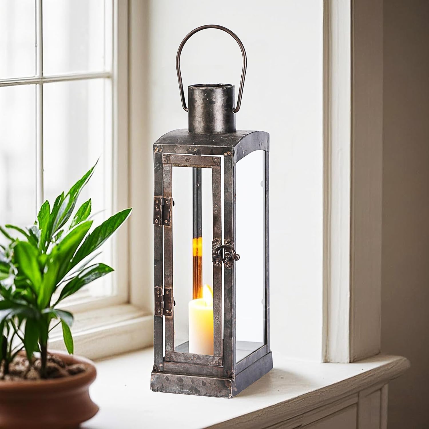 Vintage Tin Lantern with Glass Panels for Pillar Candle, Metal Candle Holder, for Farmhouse or Industrial Style, Centerpiece, Patio Accent, Decor On Side Tables, Mantels (1, 5"x12.5")