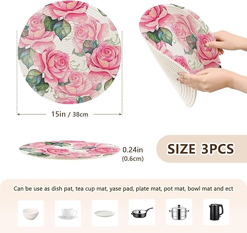 Miniatura 2 de Almohadillas de salvamanteles con patrón de rosas de acuarela para platos calientes, 15 pulgadas, tejido de hilo de algodón, resistente al calor,