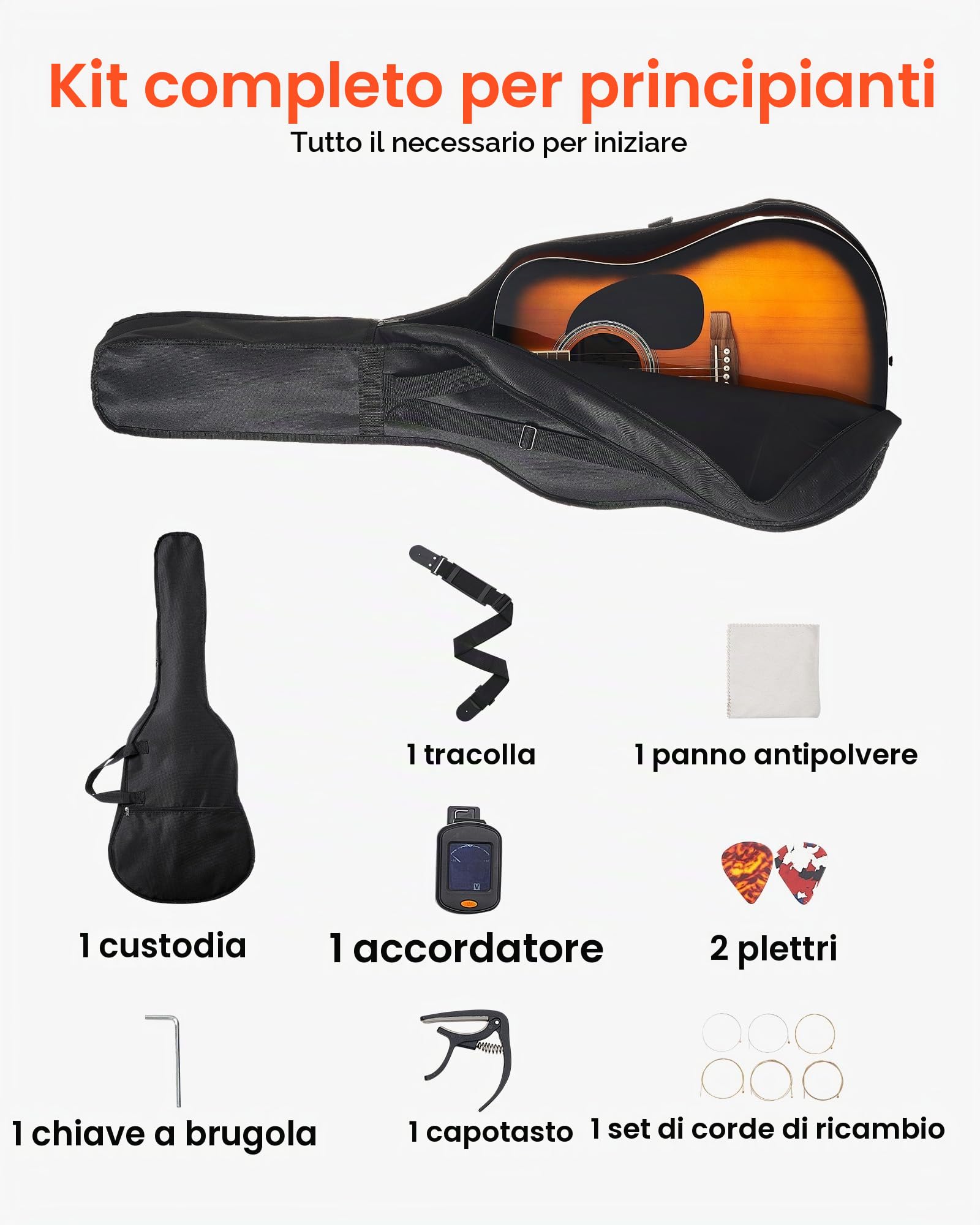 VEVOR Chitarra Acustica Dreadnought da 1041,4 mm Chitarra Acustica a 6 Corde con Tavola Armonica in Abete Massello Sunburst, Custodia Morbida, Accordatore, Tracolla, Corde in Acciaio, Capotasto