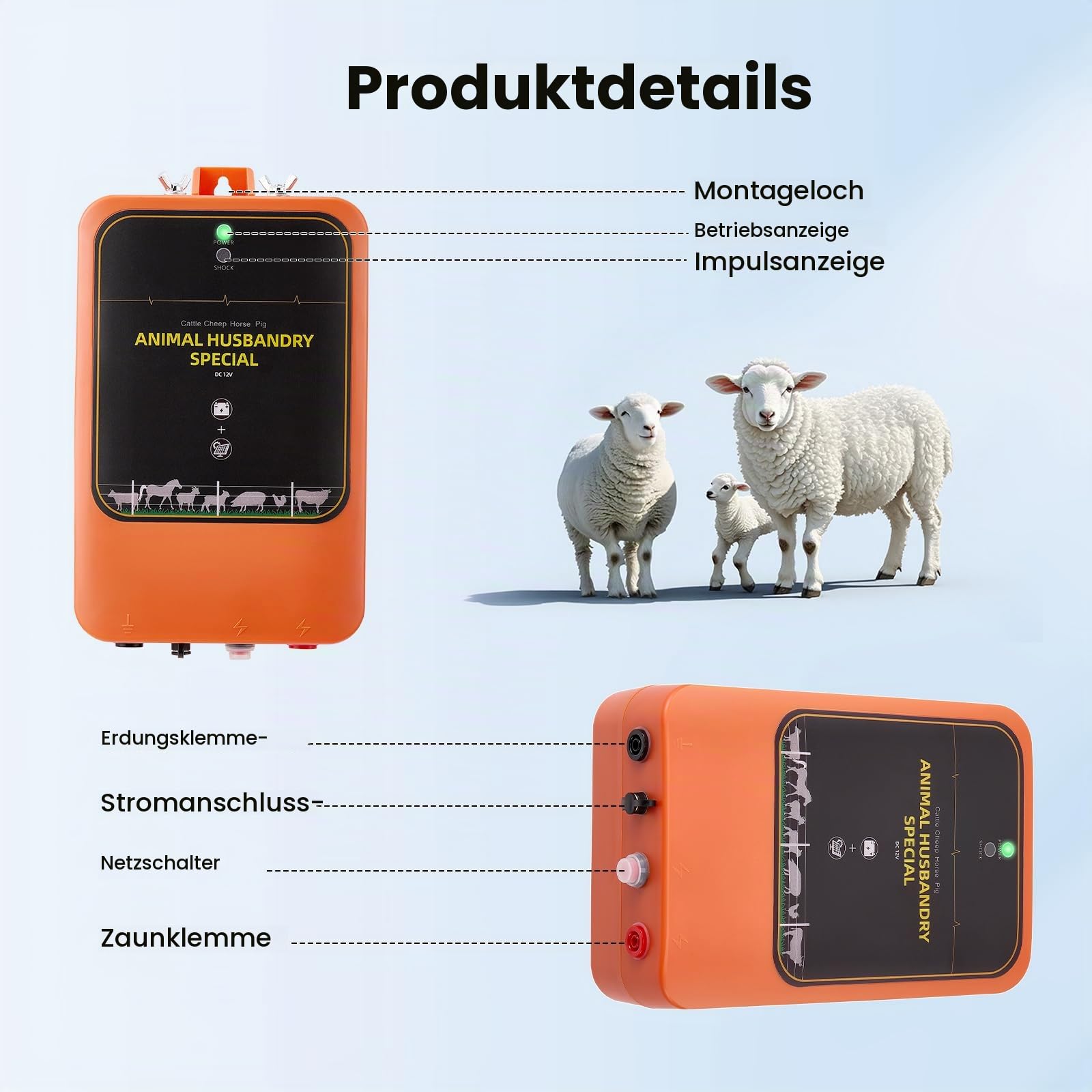 10km Solar Elektrozaungerät, 1.2J 12kV Wiederaufladbarer Weidezaungerät mit Solarpanel & Netzteil, IP65 Wasserdicht für Vieh, Bauernhof, Weide, Geflügel