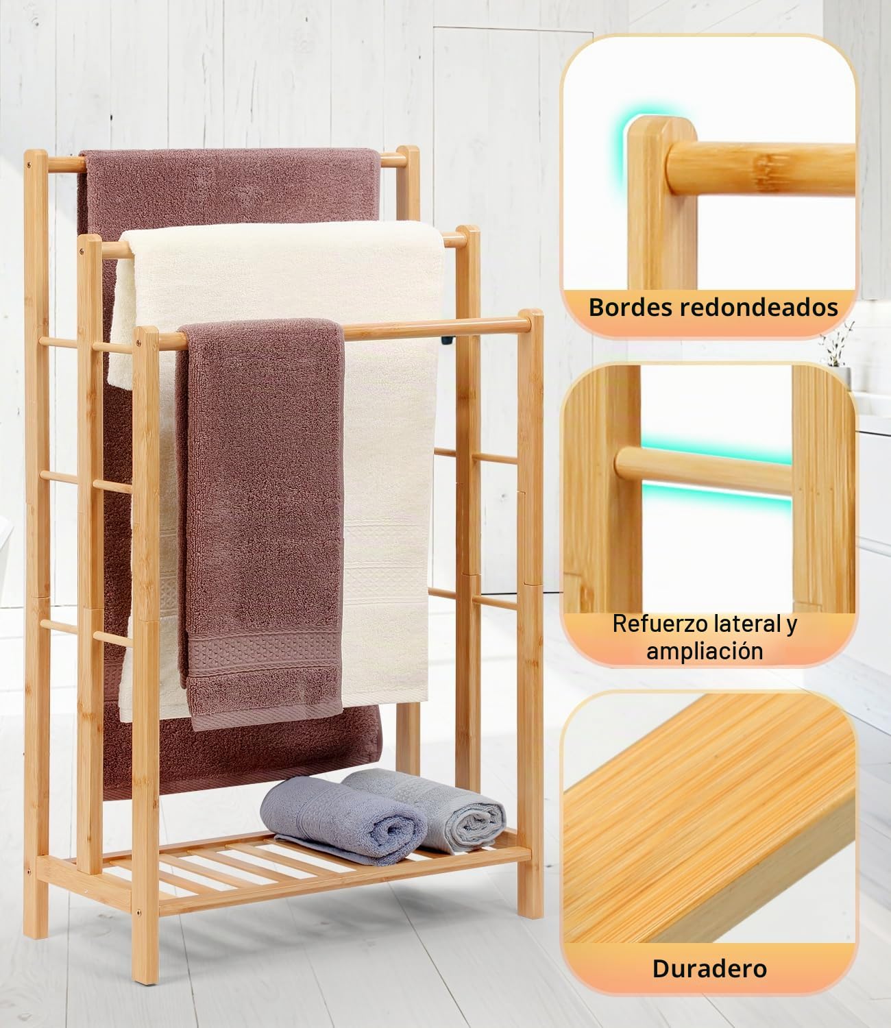 Toallero de bambú con estante, toallero de pie, escalera de pie con 3 barras, baño, salón, ahorra espacio (96 cm de alto)