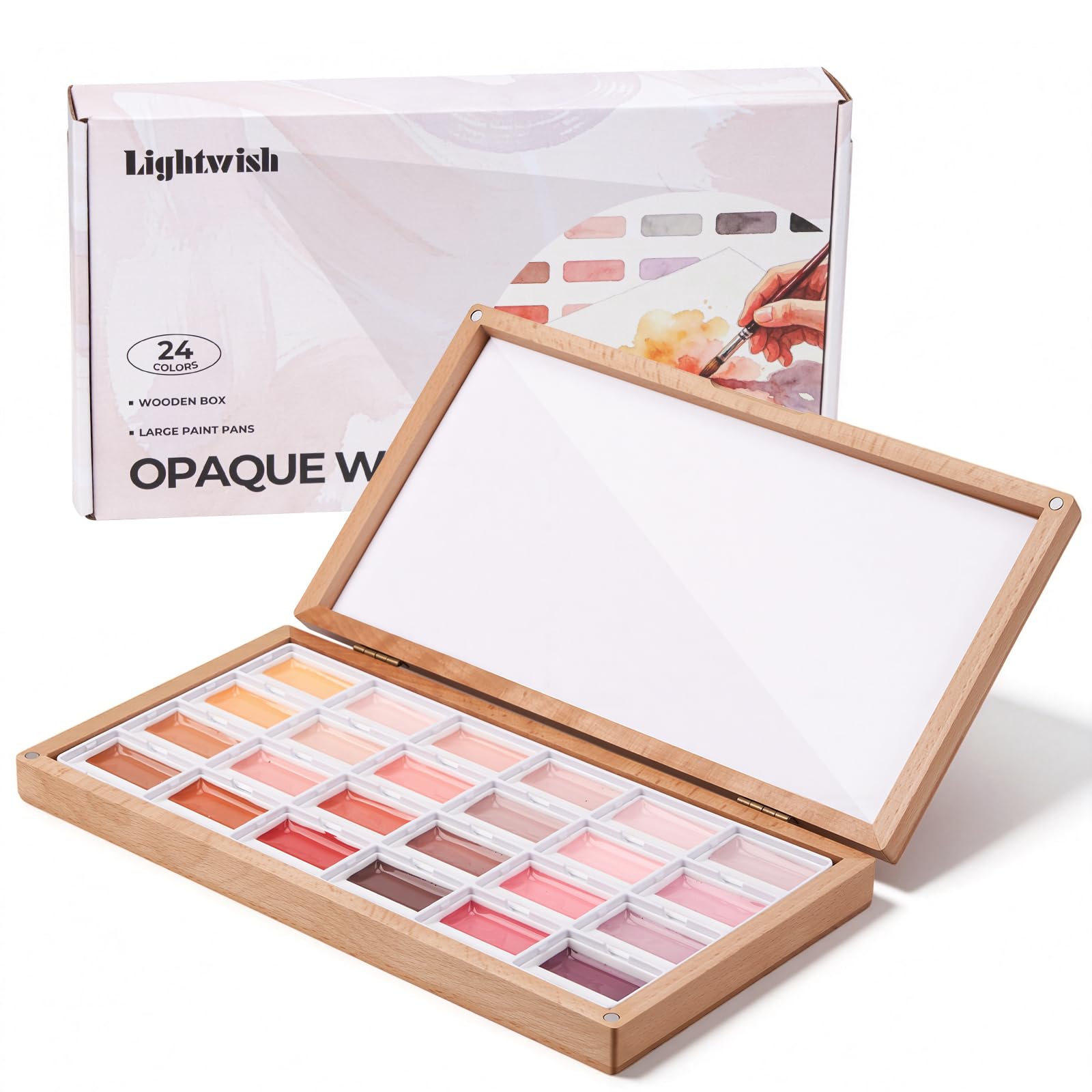 LIGHTWISH 24 Farben halbfeuchtes Aquarellfarben Set in Holzkiste Item Highlights
