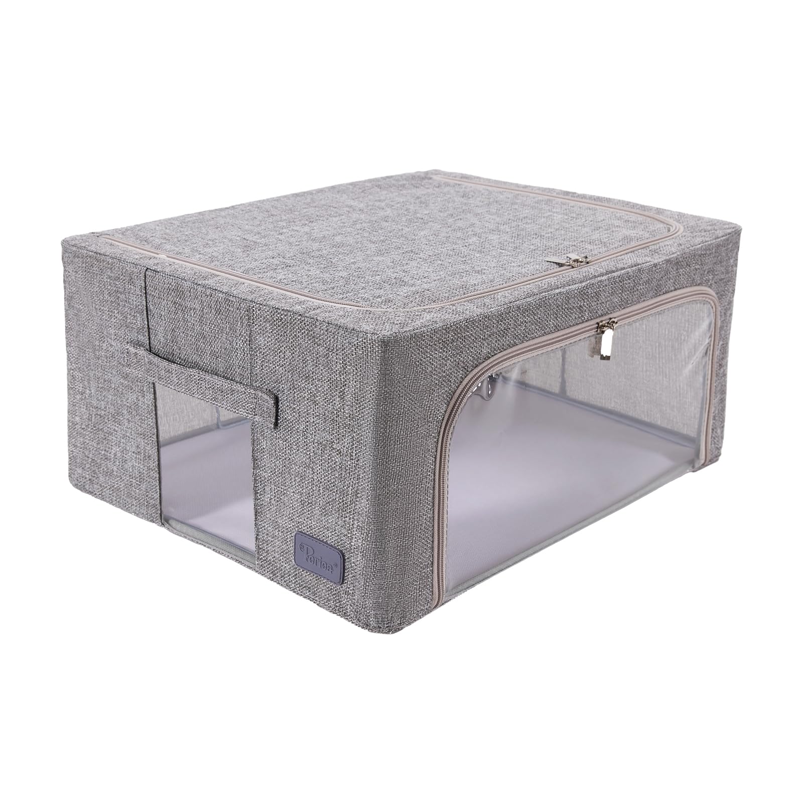 Periea ‘Beau’ Folding Collapsible Stackable Fabric Home Storage Boxes with Steel Frames (Grey Hemp, Medium)