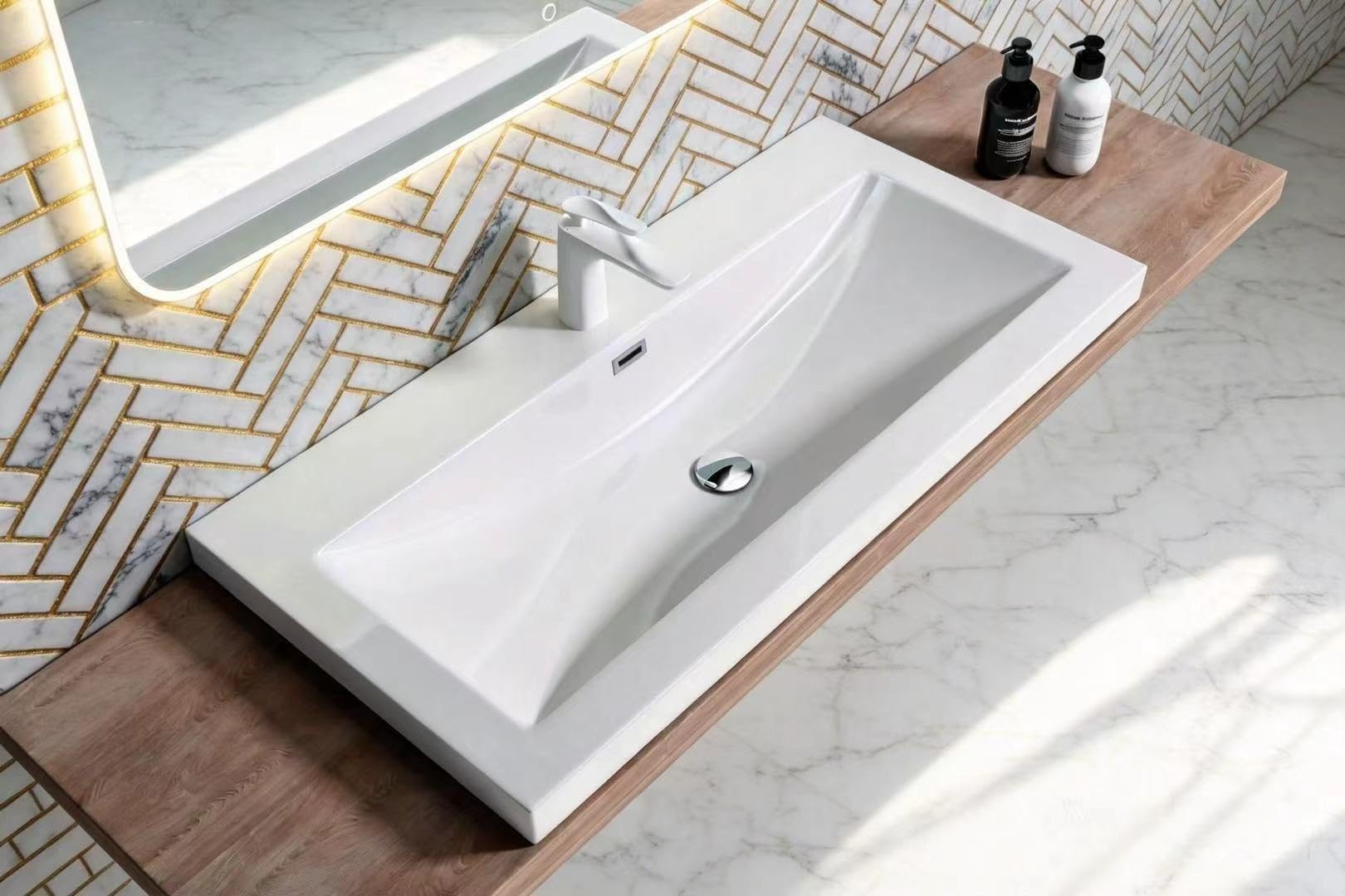 Durovin Bathrooms Luxurious Stone Resin Bathroom Basin - Self Rimming Drop in Sink - Semi Recessed - One Tap Hole with Overflow (1000 x 480mm)