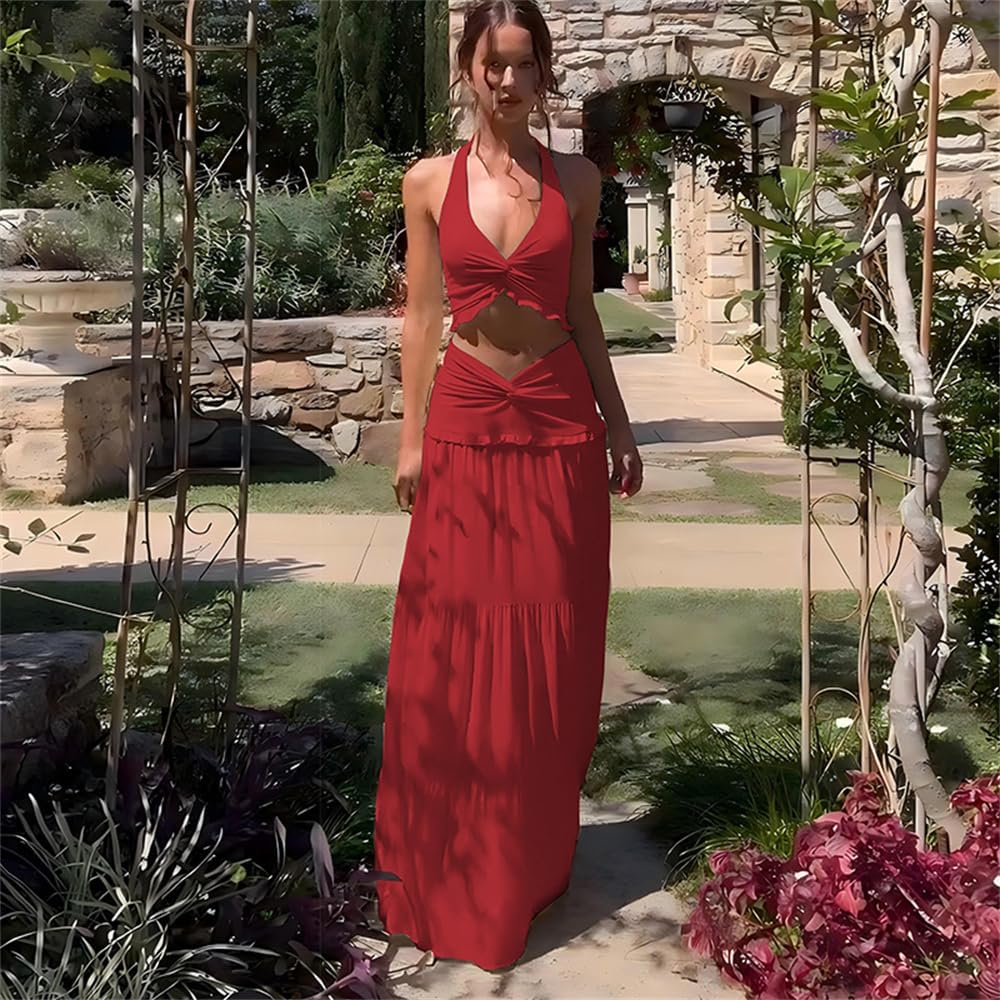 ksotutm Women 2 Piece Outfits Sleeveless Strap Top Maxi Skirt Solid Color Going Out Vacation 2 Piece Sets for Women - Image 2