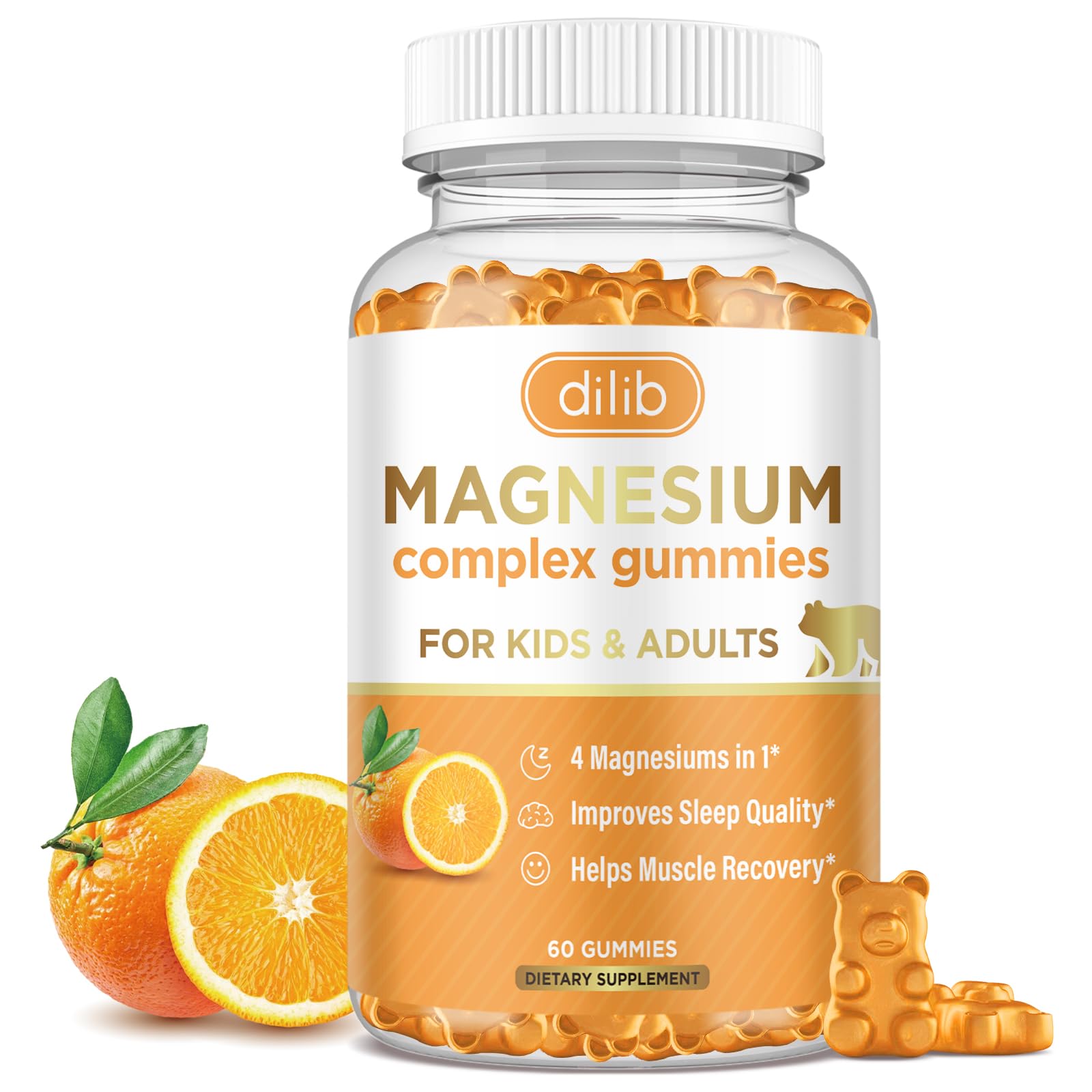 Magnesium Complex Gummies for Kids & Adults- Calm Chewable Gummies- Magnesium Glycinate, Taurate, Citrate, Malate, Supplement-Support Calm Stress Relief, Mood Vegan, Orange Flavor, 60ct Orange 60 Count (Pack of 1)