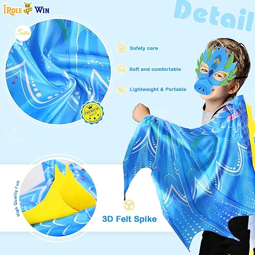Miniatura 6 de iROLEWIN Máscara de disfraz de dinosaurio y alas de dragón para niños pequeños, disfraz de dinosaurio para niños y niñas, Halloween, juegos de