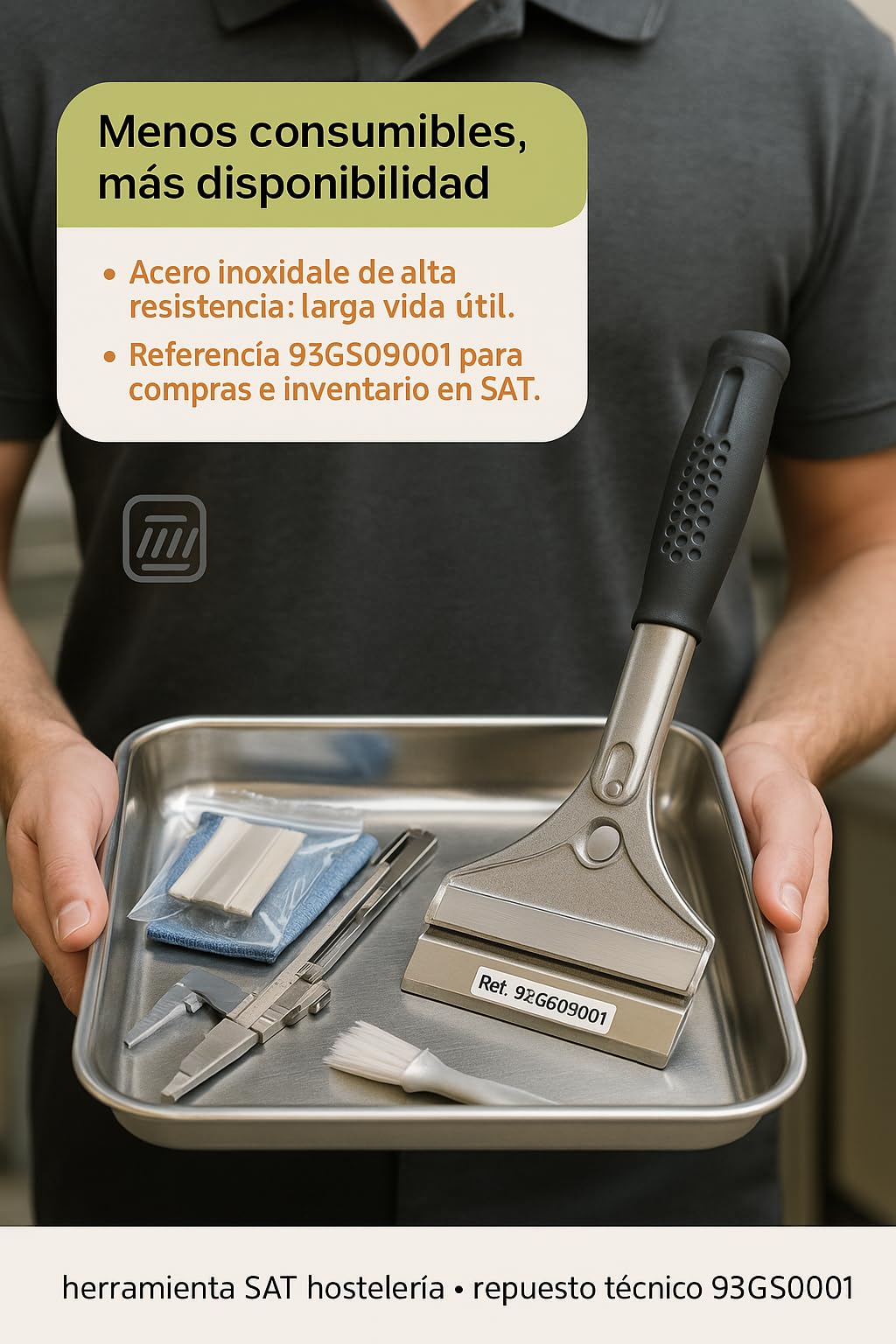 Rasqueta Cromo Duro 10 Cm Acero Inoxidable Mango Antideslizante Doble Cuchilla Apta Lavavajillas Limpieza Planchas Fry Top HORECA Industrial Ref 93GS09001 Herramienta Sat