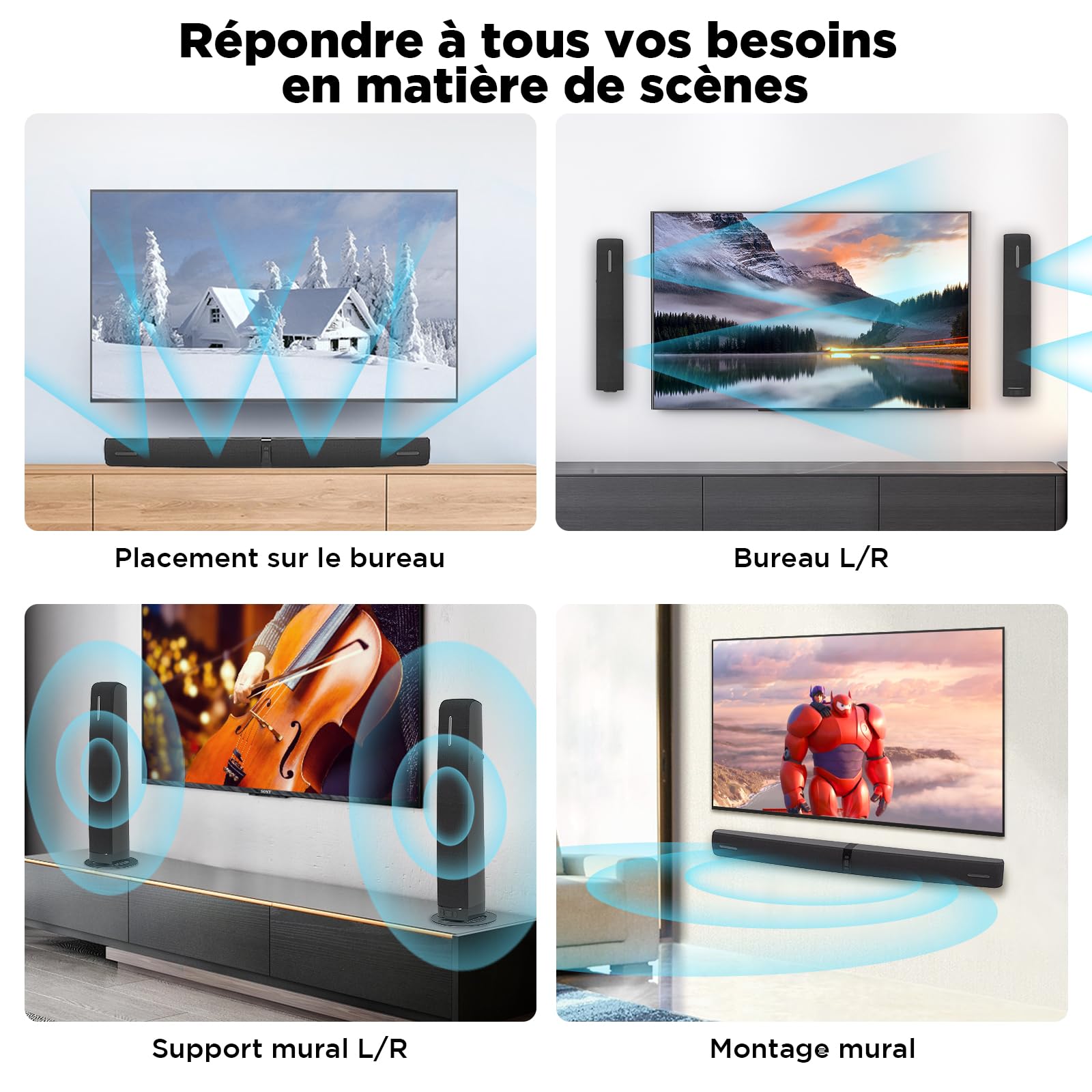 Barre de Son pour televiseur, Barre de Son 2-en-1 Amovble de 90 W avec Amplification Automatique du Volume, systeme de Haut-parleurs pour televiseur avec Bluetooth 5.3/Arc/Optique/AUX