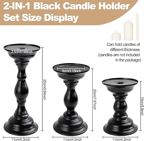 Miniatura 2 de Juego de 3 portavelas de metal negro, portavelas retro de ambos usos para velas de pilar, soporte decorativo para velas de granja, chimenea, centro