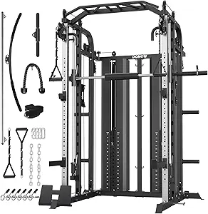 DONOW Smith Machine with Weight Stacks, Multi Function Home Gym System Training Power Cage Squat Rack Dual Cable Crossover Machine All in One