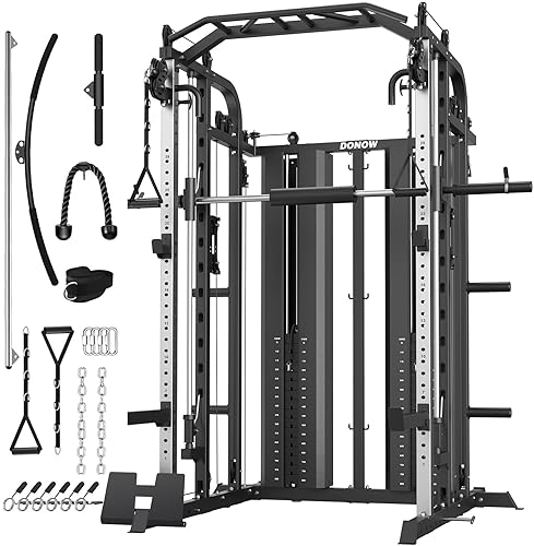 DONOW Smith Machine with Weight Stacks, Multi Function Home Gym System Training Power Cage Squat Rack Dual Cable Crossover Machine All in One