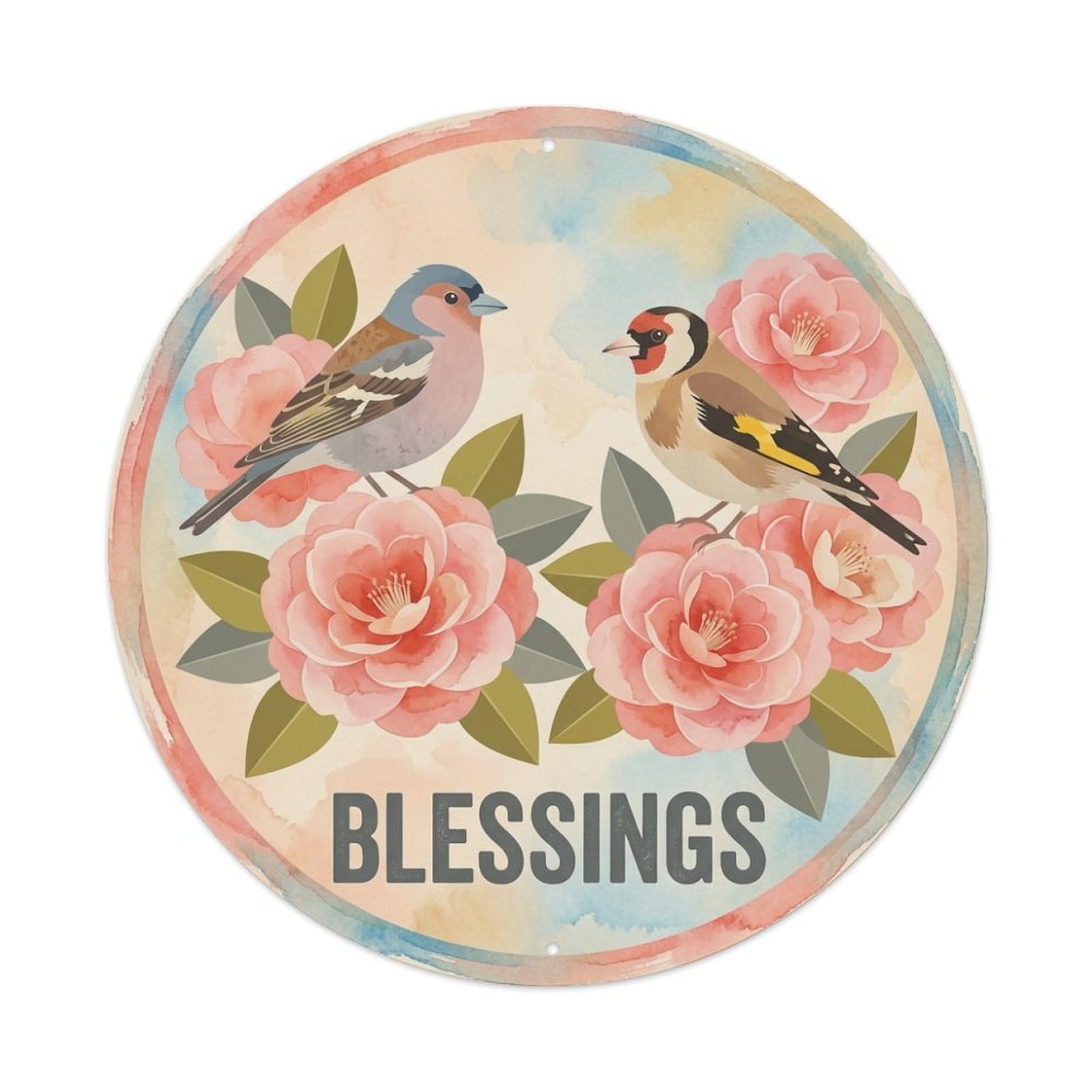 Camellia Blessings Watercolor Bird Slogan Metal Tin Sign