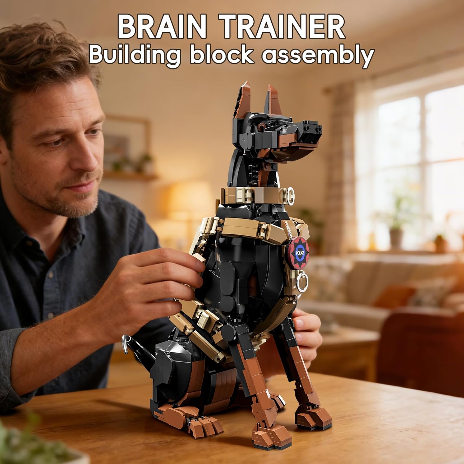 Doberman Pinscher Building Set 1376 Pieces Realistic Police Dog K9 Model Kit with Tactical Harness Large Sitting Animal Pet Construction Toy Guardian Statue Gift for Dog Lovers & Adults