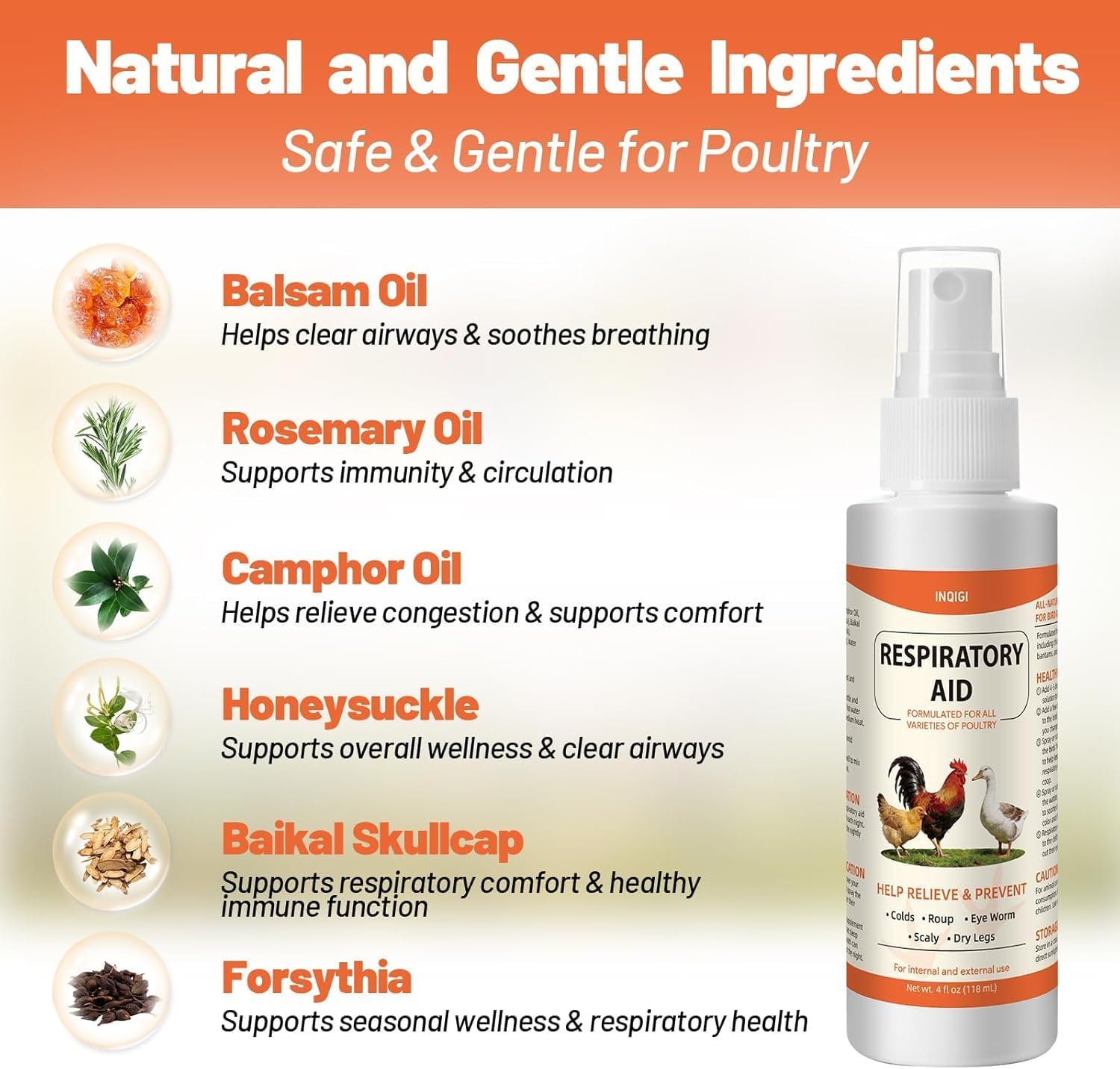 Respiratory Aid for Chicken, Poultry Supplement for Coughing, Sneezing & Nasal Relief, All-Bird Safe Formula, Drinking Water Additive, Dropper & Spray Top Included, 4Oz (118ml) Natural Liquid
