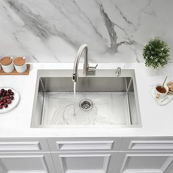 Drop In Kitchen Sink with Faucet Combo, 30 x 18 Stainless Steel Kitchen Sink Drop In 18 Gauge Top Mount Handmade Single Bowl Deep Basin